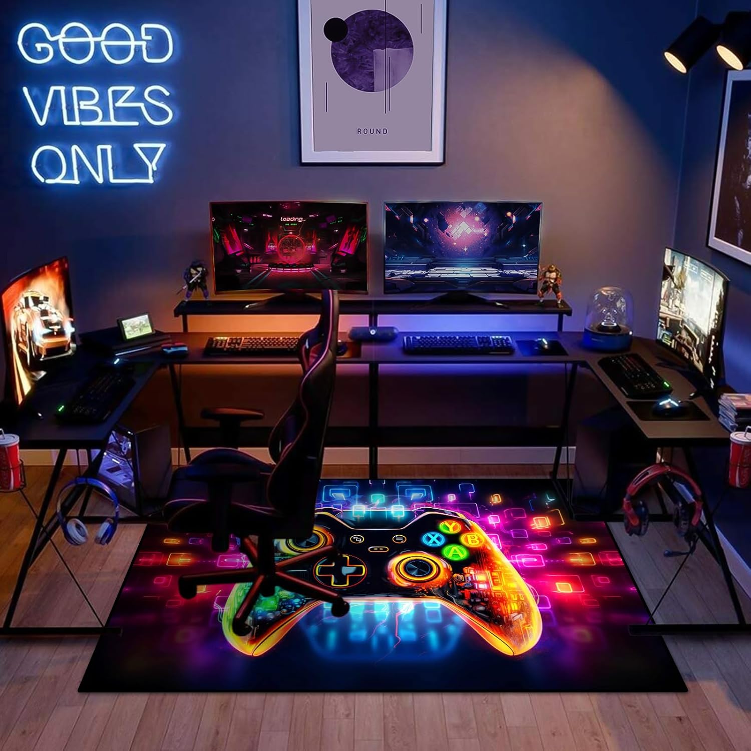 Gaming Area Rug Teen Boys Carpet, Transparent Gamepad and Colorful Lighting Background Game Controller Design for Game Room, Gaming Room, Boys Girls Bedroom Playroom, Living Room (79" x 59")