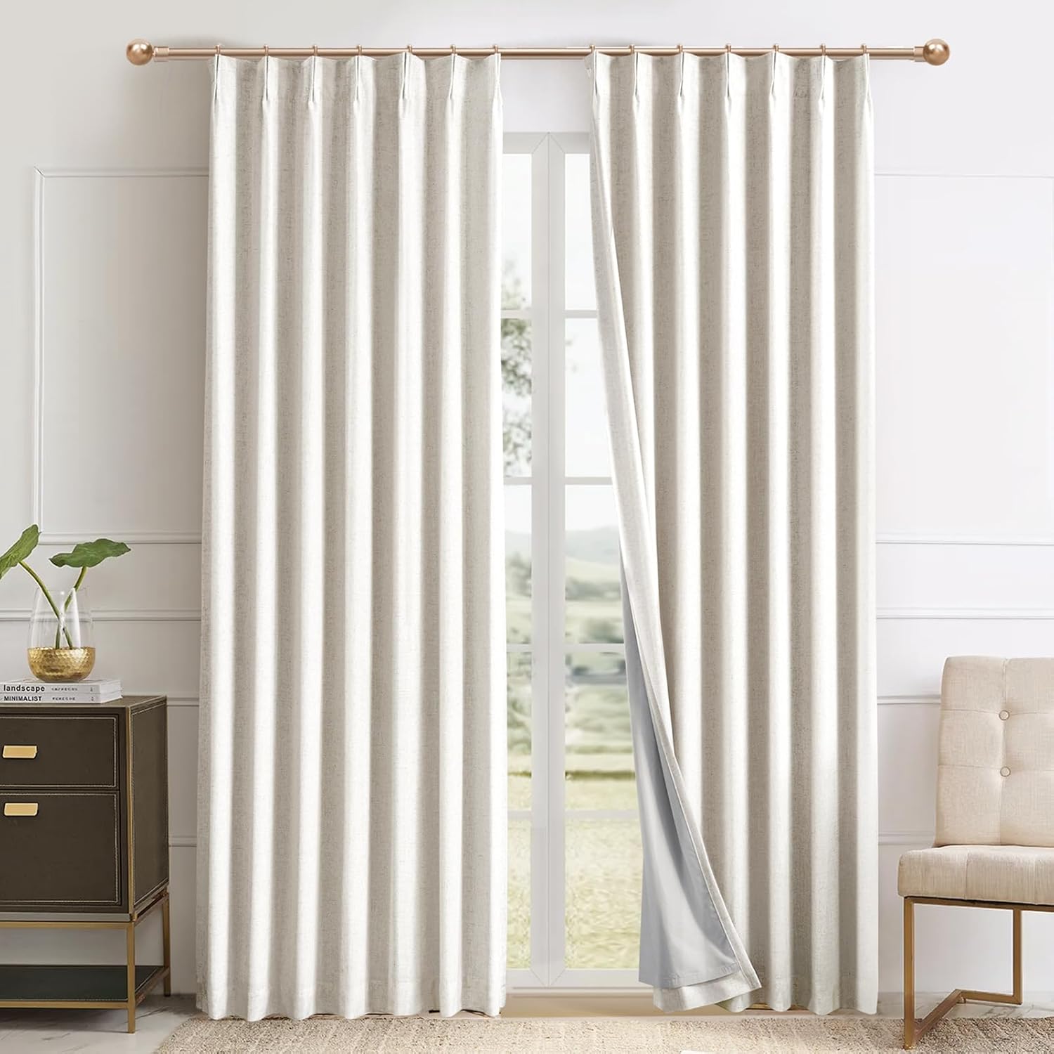 IVAPUPU Natural Pinch Pleated 100% Blackout Linen Curtains 90 Inch Length for Bedroom, Black Out Pinch Pleat Curtains for Living Dining Room Darkening Thermal Insulated Drapes with 16 Hooks, 2 Panels