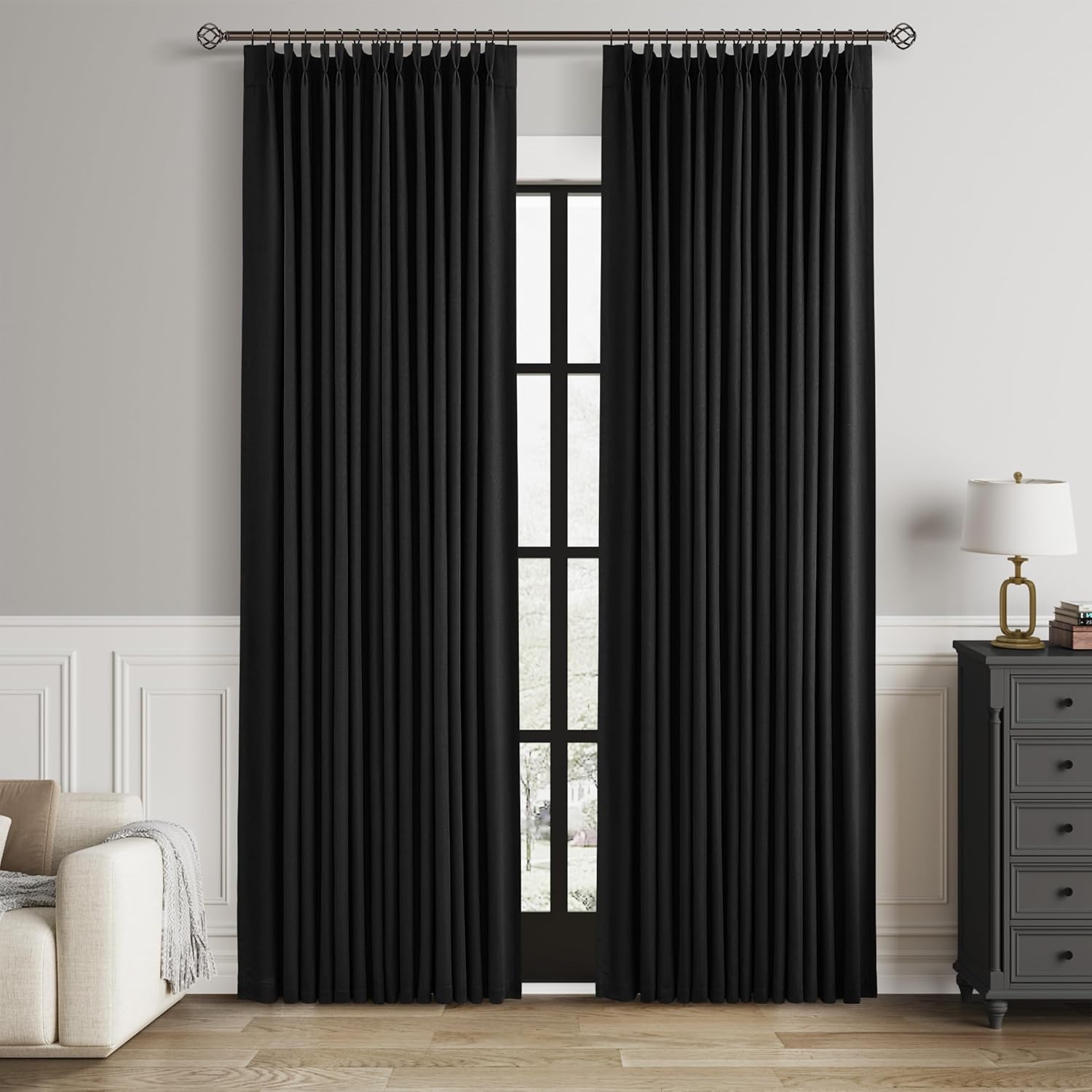 100% Blackout Pinch Pleated Curtains Linen 90 Inches Long for Bedroom 2 Panels Set Full Black Out Thermal Insulated Curtain Natural Boho Farmhouse Pinch Pleat Double Layer Room Darkening Drapes Cream
