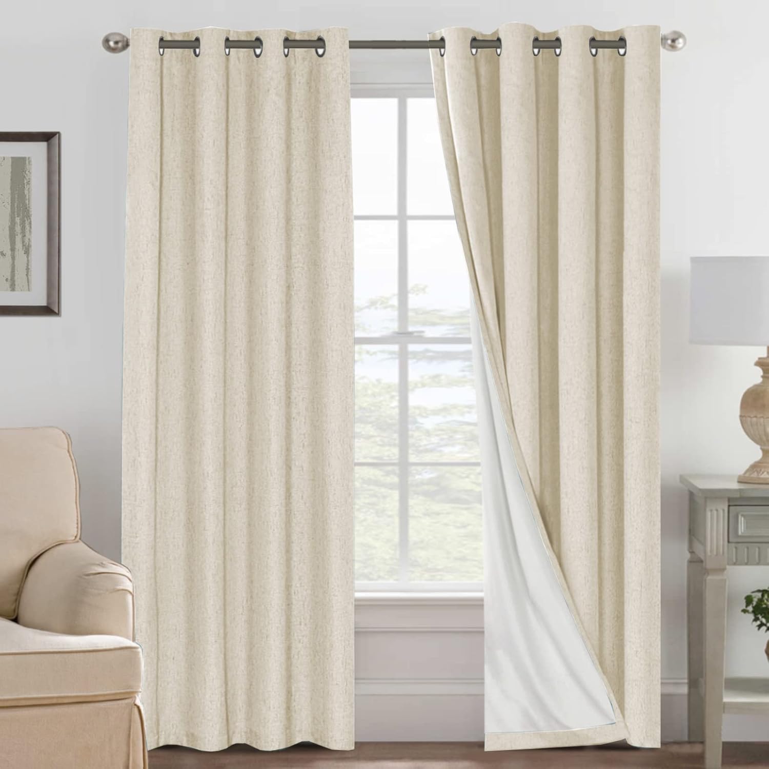 H.VERSAILTEX Blackout Curtains, Linen Curtains 108 inches Long 100% Black Out Curtains for Bedroom Windows, Textured Linen Look Draperies Grommet with White Liner, 2 Panels, Natural
