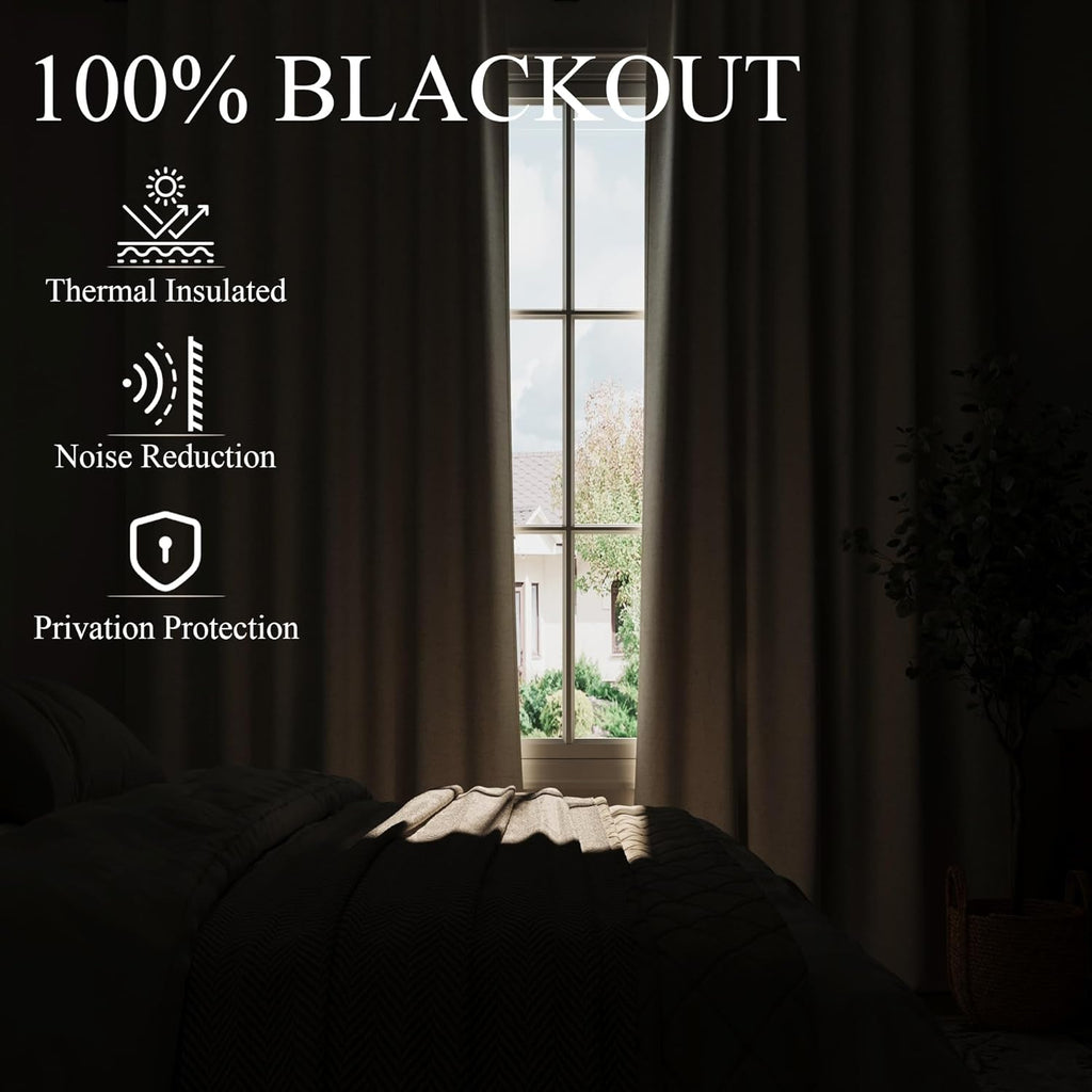 100% Blackout Pinch Pleated Curtains Linen 90 Inches Long for Bedroom 2 Panels Set Full Black Out Thermal Insulated Curtain Natural Boho Farmhouse Pinch Pleat Double Layer Room Darkening Drapes Cream