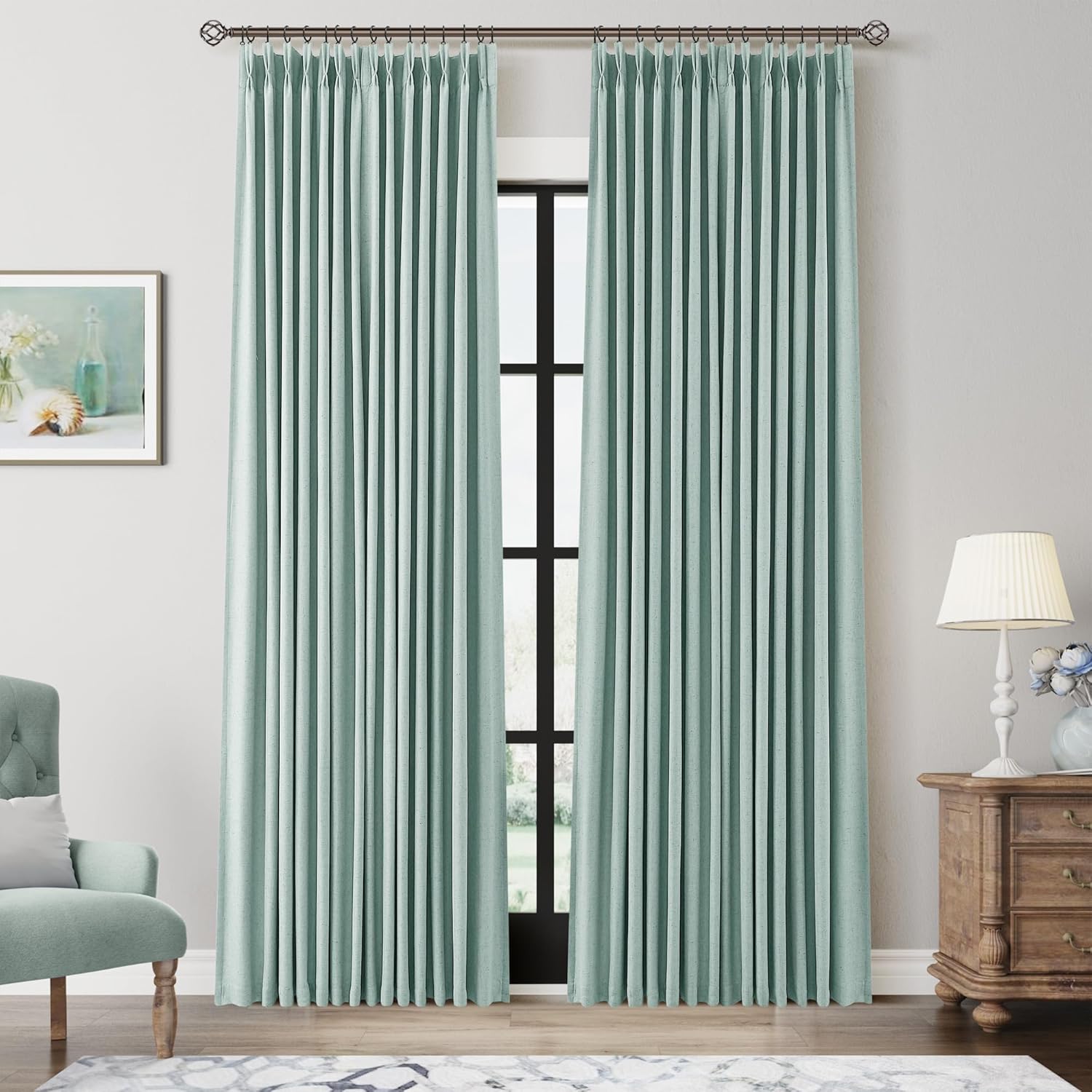 100% Blackout Pinch Pleated Curtains Linen 90 Inches Long for Bedroom 2 Panels Set Full Black Out Thermal Insulated Curtain Natural Boho Farmhouse Pinch Pleat Double Layer Room Darkening Drapes Cream