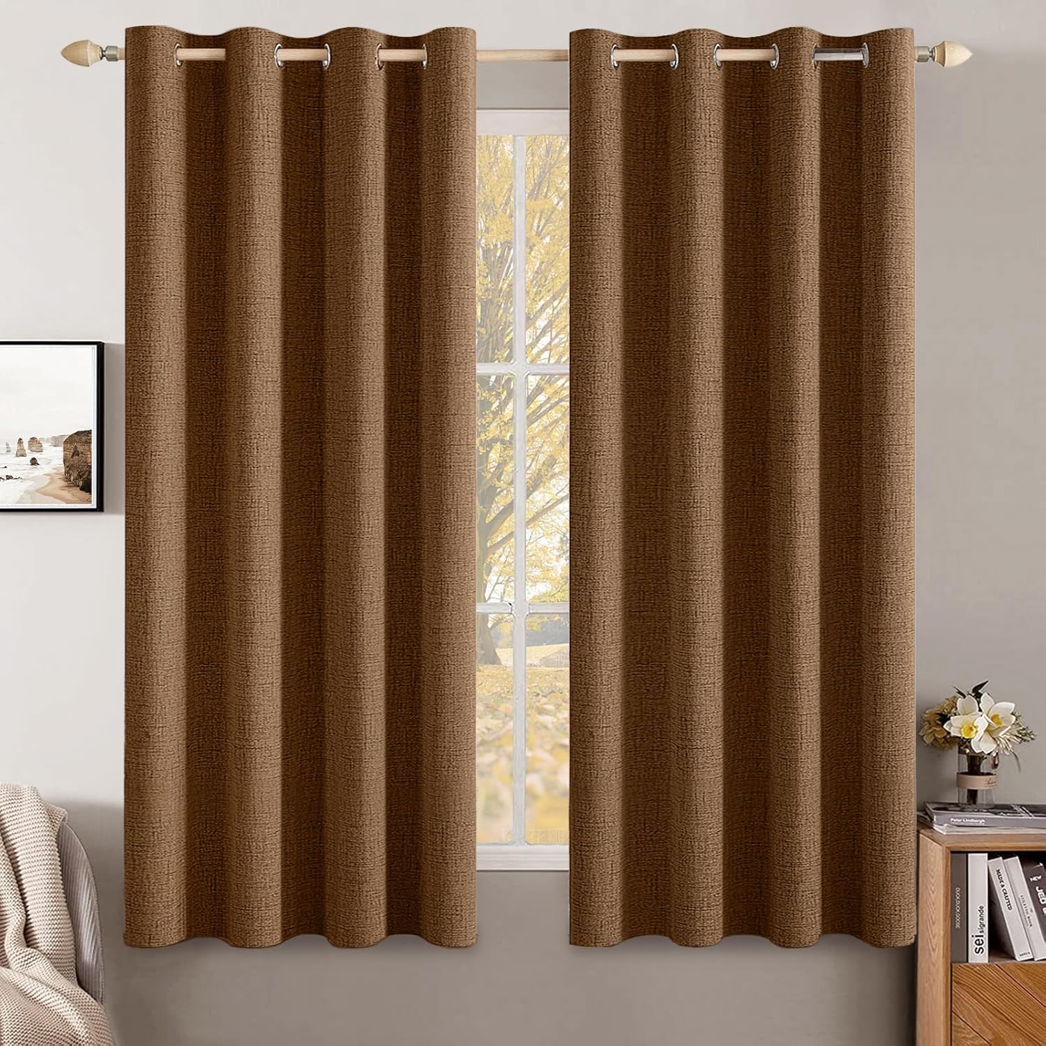 MIULEE 100% Blackout Linen Textured Curtains for Bedroom Solid Thermal Insulated Copper Brown Grommet Room Darkening Curtains & Drapes Luxury Decor for Living Room Nursery 52 x 84 Inch (2 Panels)