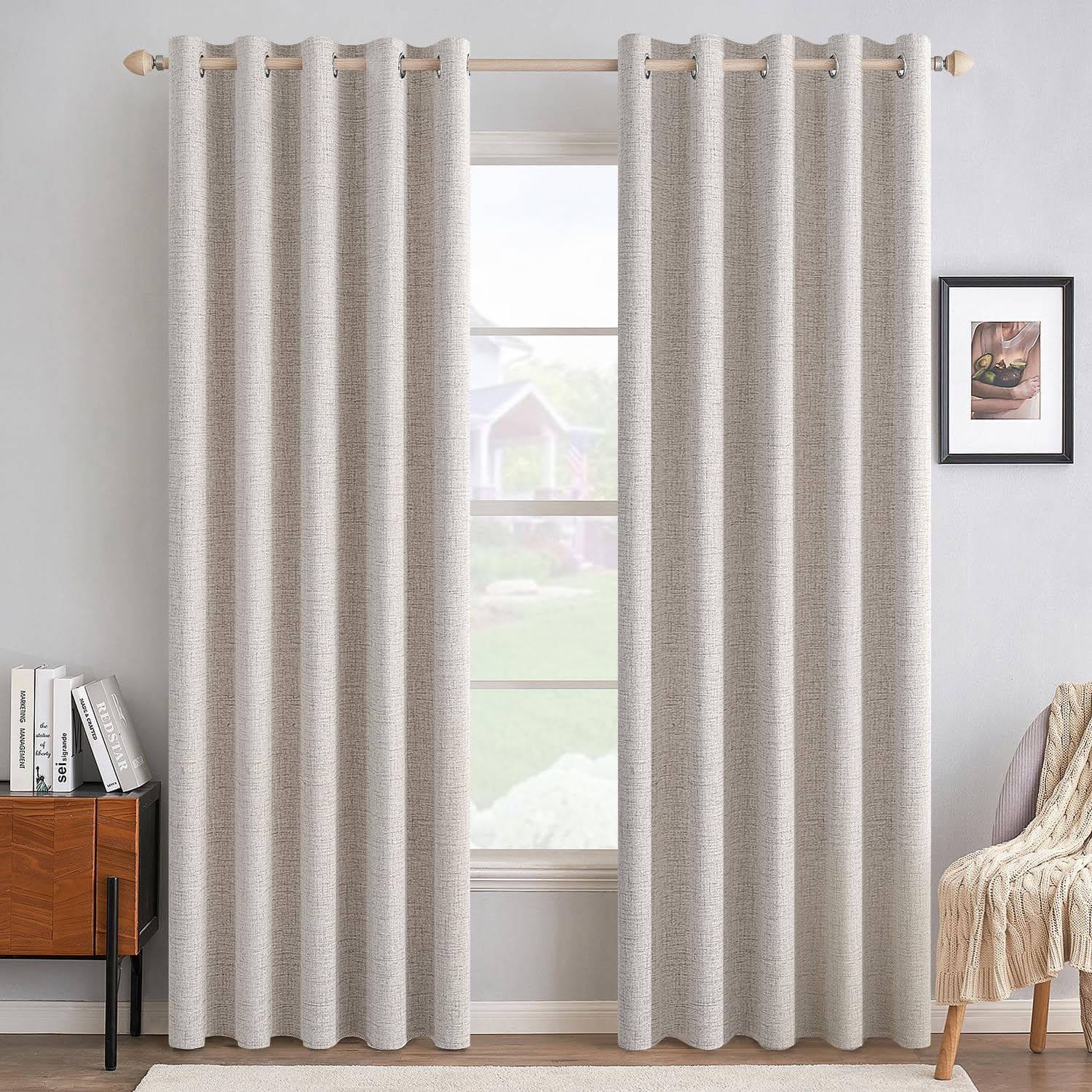 MIULEE 100% Blackout Linen Textured Curtains for Bedroom Solid Thermal Insulated Copper Brown Grommet Room Darkening Curtains & Drapes Luxury Decor for Living Room Nursery 52 x 84 Inch (2 Panels)