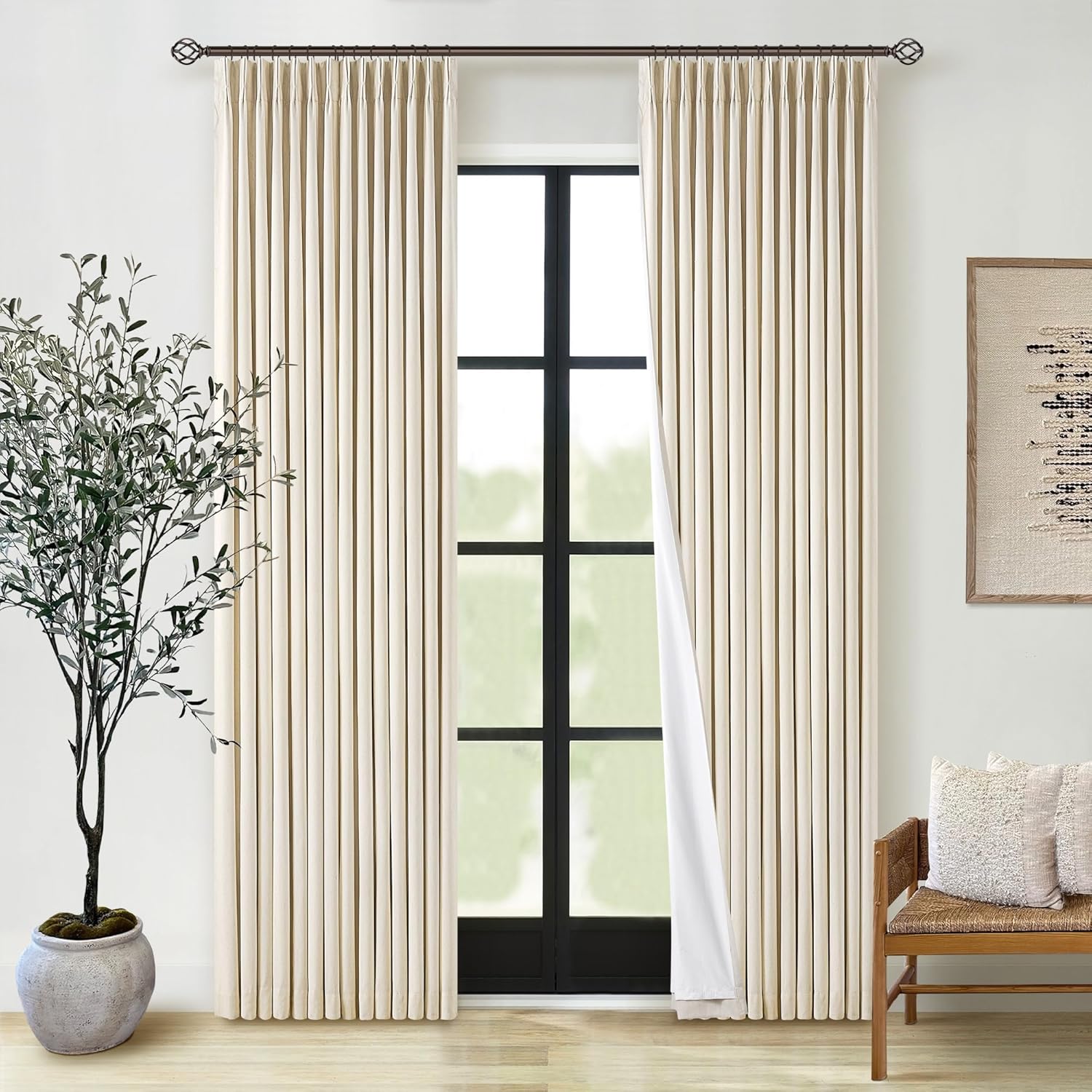 102 Inches Long Pinch Pleated Linen Blackout Curtains for Bedroom Back Tab Track Memory Trained Shape Farmhouse Light Blocking Curtains 102 Inch Length for Living Dining Room Darkening Drapes Cream
