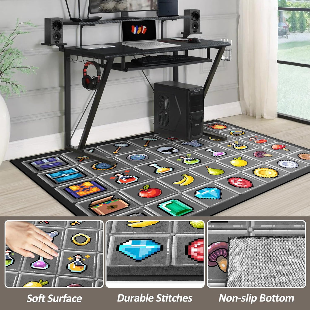 Game Rug Teen Boys Carpet with Pixel Games Element Items Decoration Mat, Weapon Medical Game Rugs for Boy’s Bedroom Living Room Playroom, Non-Slip Children Gaming Area Rugs (Grey, 79" x 59")