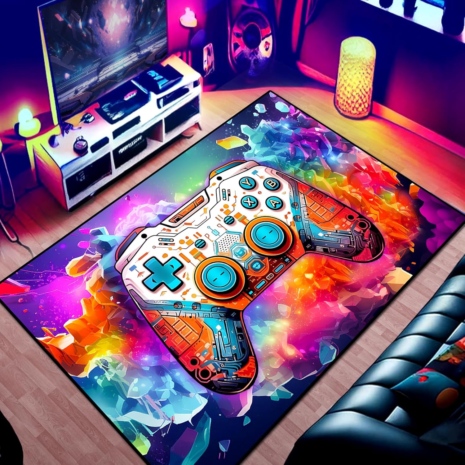 Gaming Area Rug Teen Boys Carpet, Transparent Gamepad and Colorful Lighting Background Game Controller Design for Game Room, Gaming Room, Boys Girls Bedroom Playroom, Living Room (79" x 59")