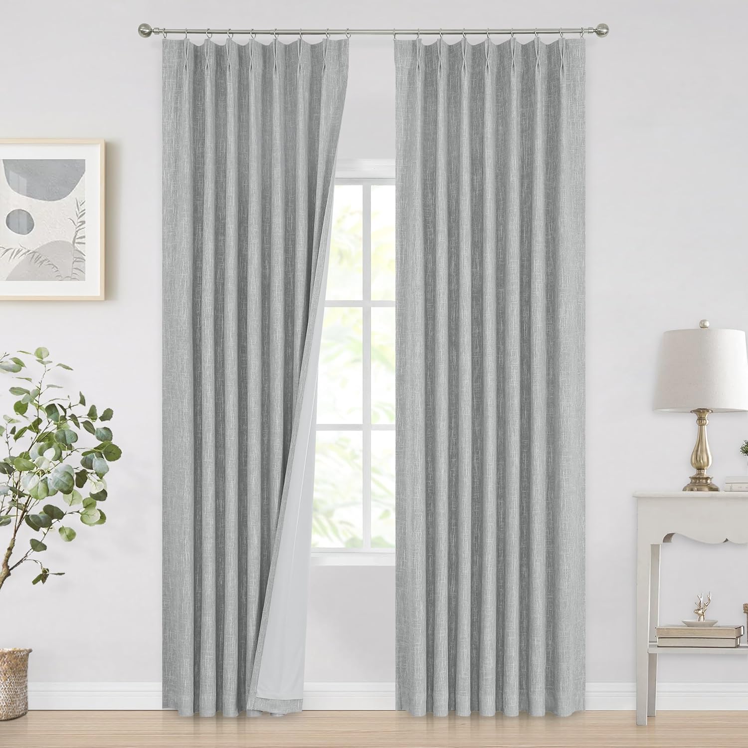 Vision Home Natural Pinch Pleated Full Blackout Curtains Linen Blended Room Darkening Window Curtains 90 inch for Living Room Bedroom Thermal Insulated Pinch Pleat Drapes with Hooks 2 Panel 40"Wx90"L