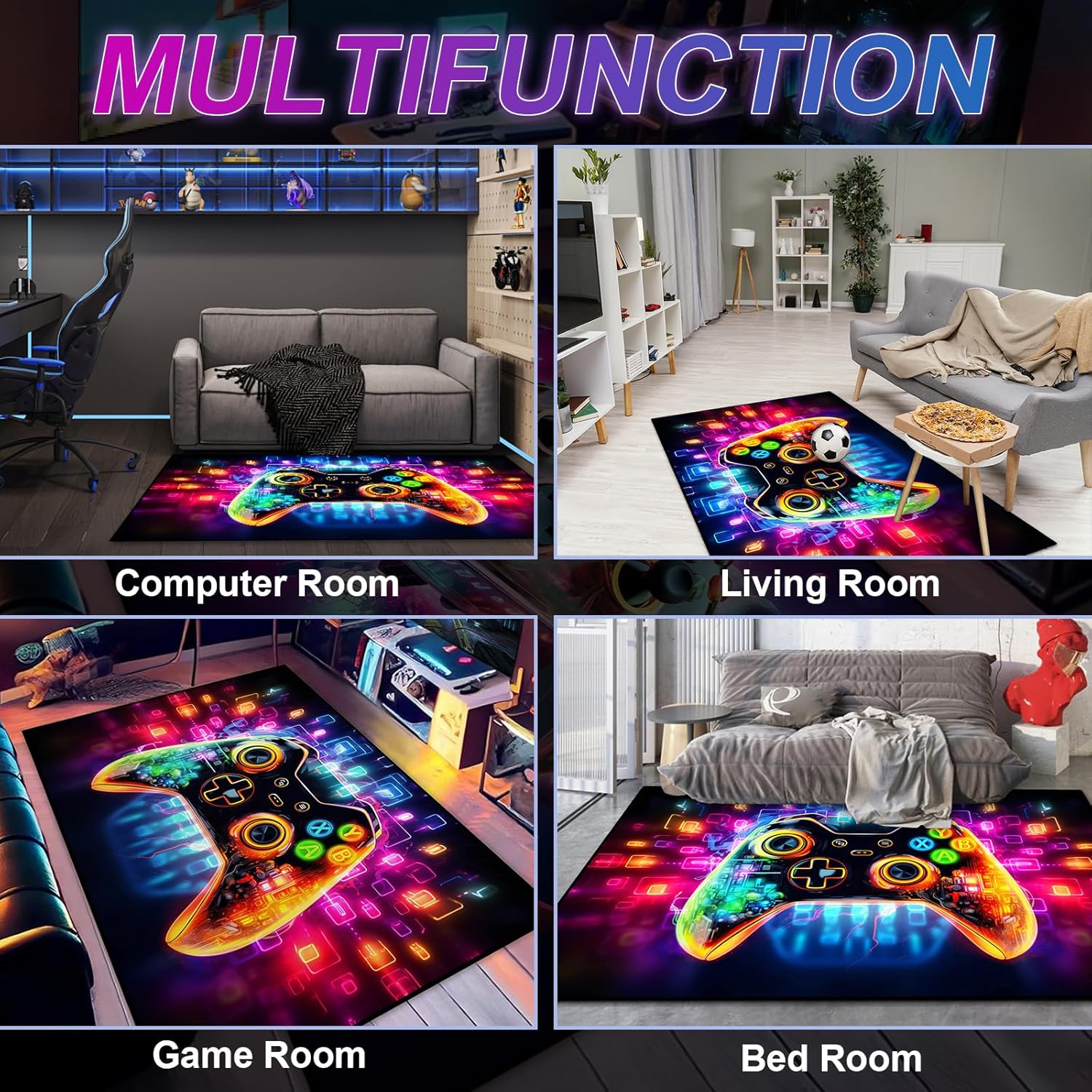 Gaming Area Rug Teen Boys Carpet, Transparent Gamepad and Colorful Lighting Background Game Controller Design for Game Room, Gaming Room, Boys Girls Bedroom Playroom, Living Room (79" x 59")