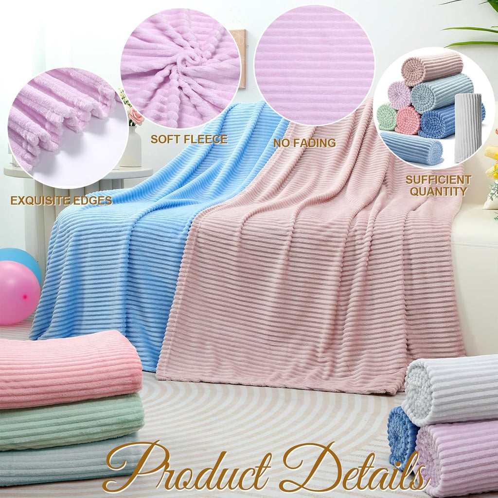 8 Pcs Pastel Colors Flannel Throw Blanket Bulk 50 x 60 Inch with Striped Ribbed Throw Blanket Soft Lightweight All Seasons Blankets for Sofa Room Couch Donation Homeless Wedding Gifts