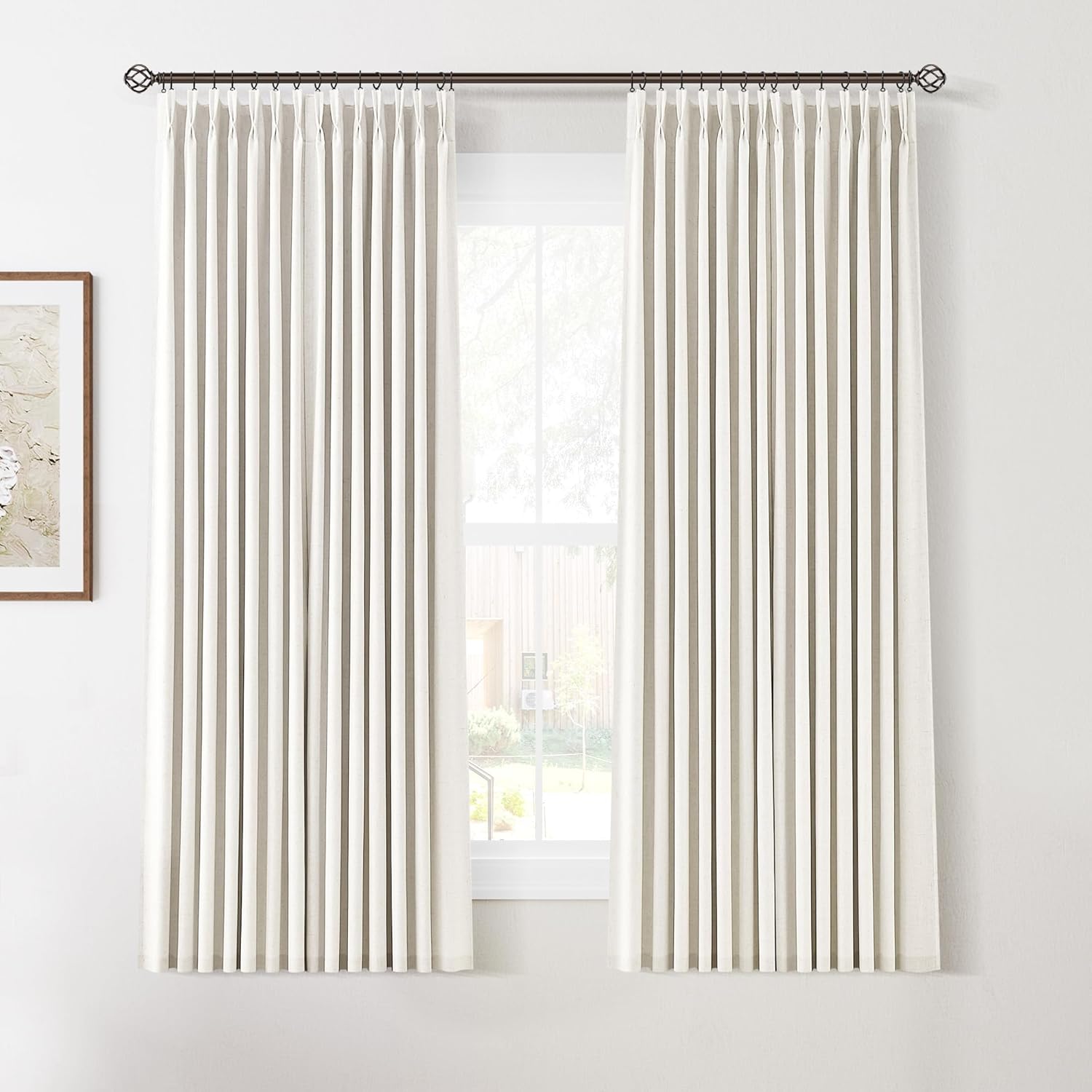 100% Blackout Pinch Pleated Curtains Linen 90 Inches Long for Bedroom 2 Panels Set Full Black Out Thermal Insulated Curtain Natural Boho Farmhouse Pinch Pleat Double Layer Room Darkening Drapes Cream