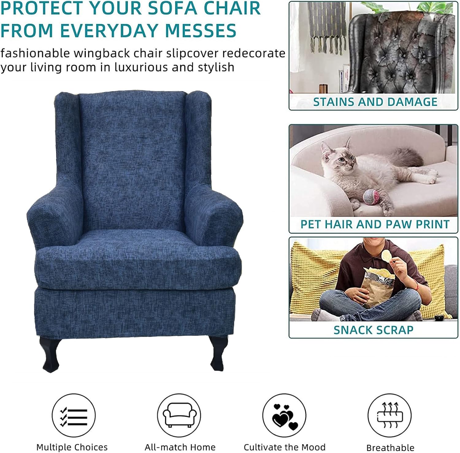 KRFOONN Stretch Wing Chair Slipcovers Printed 2 Piece Wingback Chair Covers Soft Spandex Wingback Armchair Slipcover Furniture Protector Chair Covers for Living Room Wingback Chair, T7