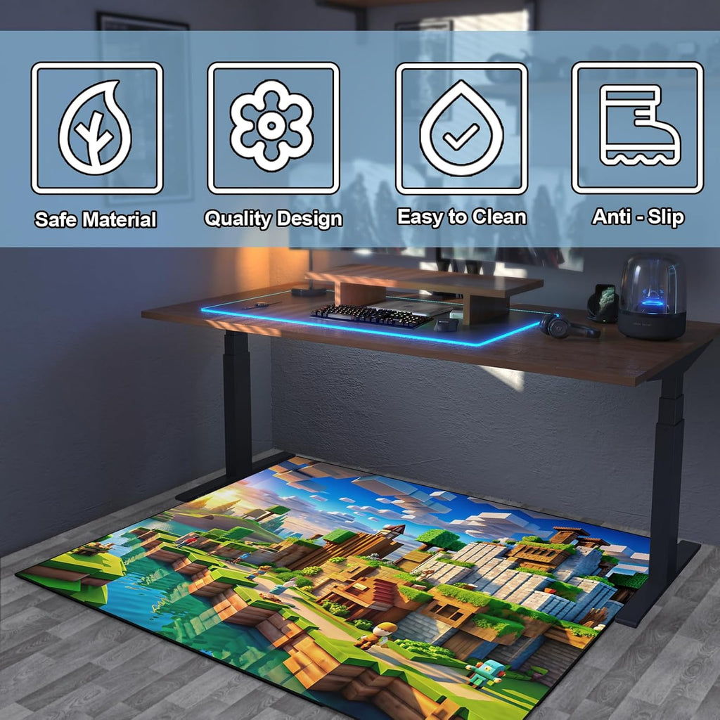 Block Game Rug Teen Kids Carpet, Pixel Games Scene Decoration Mat, Washable Cube Block Game Rugs for Boy’s Bedroom Living Room Playroom, Non-Slip Children Gaming Area Rugs (Green Village, 79" x 59")