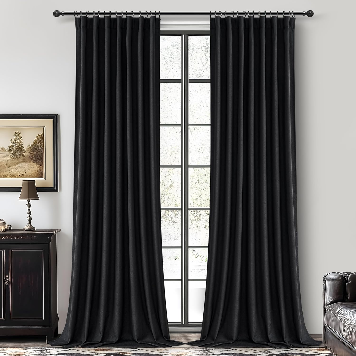 Black Out 96 Inch Long Boho Curtains 2 Panel Set, Farmhouse Curtains for Living Room Darkening/Thermal/Noise Reduction Textured Flax Linen Drape 8ft Hook&Ring Included Birch Off White 50"x96"