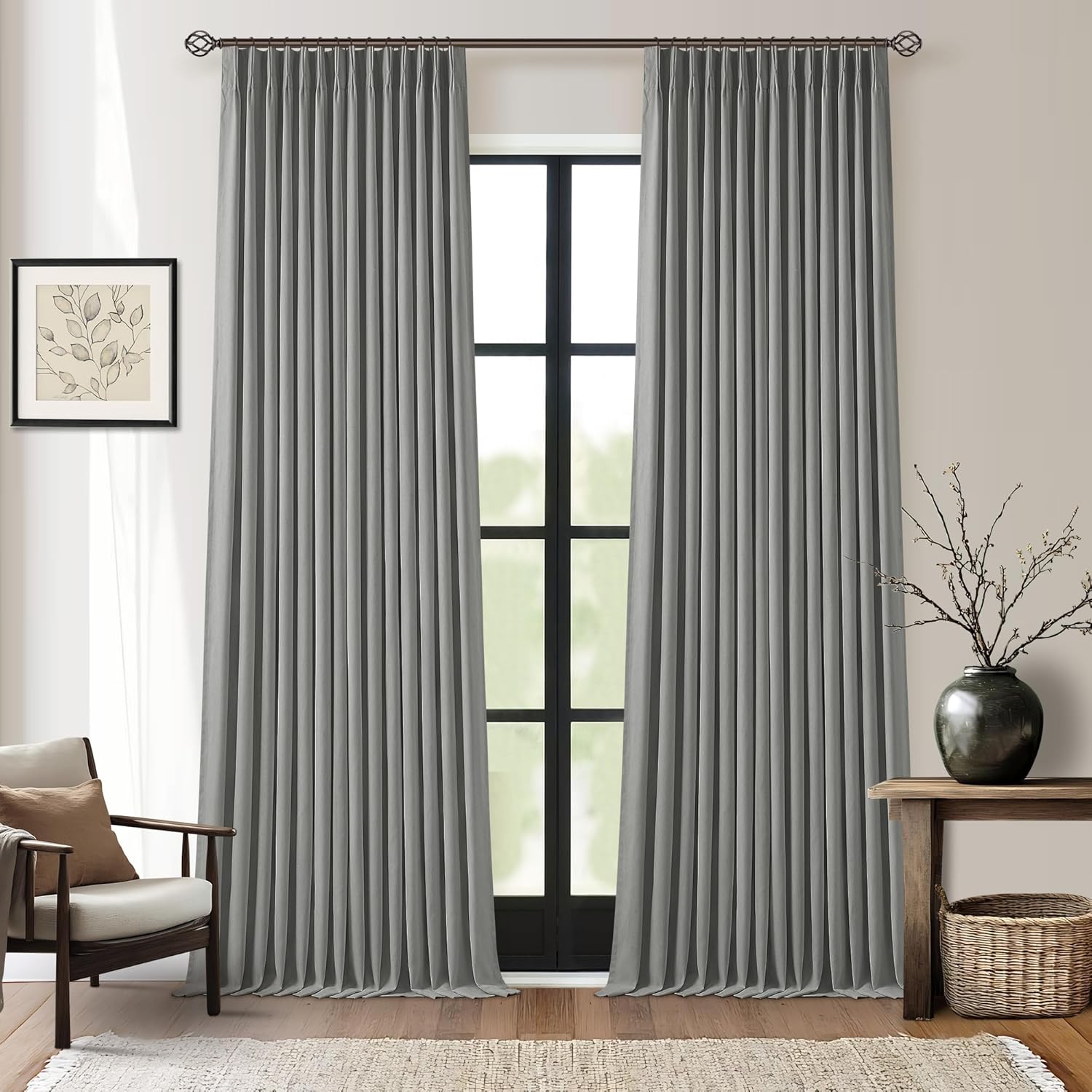 102 Inches Long Pinch Pleated Linen Blackout Curtains for Bedroom Back Tab Track Memory Trained Shape Farmhouse Light Blocking Curtains 102 Inch Length for Living Dining Room Darkening Drapes Cream