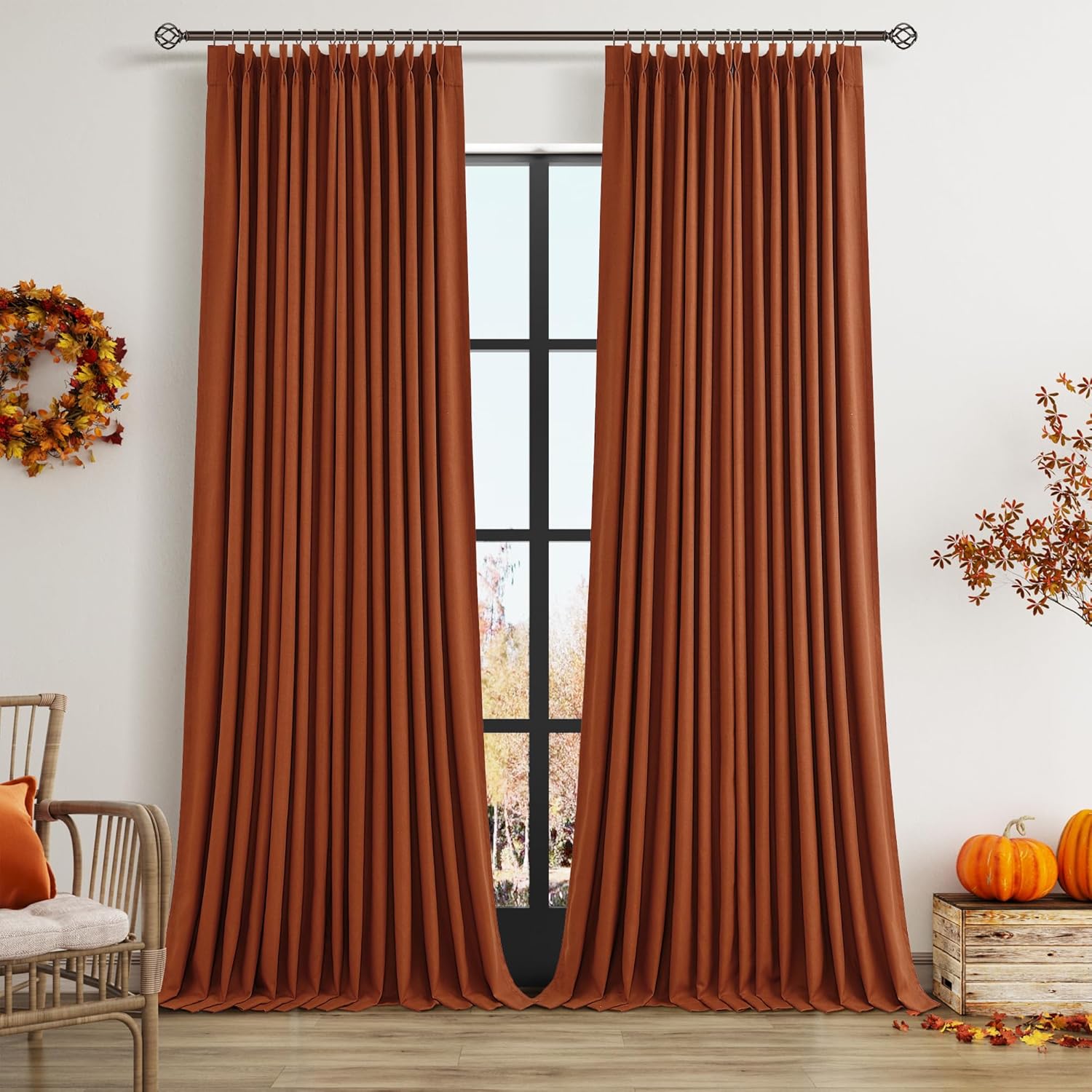 100% Blackout Pinch Pleated Curtains Linen 90 Inches Long for Bedroom 2 Panels Set Full Black Out Thermal Insulated Curtain Natural Boho Farmhouse Pinch Pleat Double Layer Room Darkening Drapes Cream