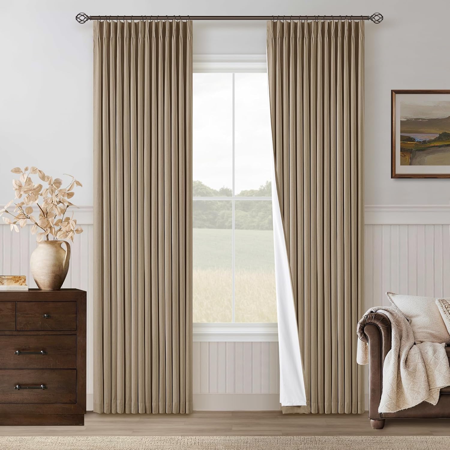 102 Inches Long Pinch Pleated Linen Blackout Curtains for Bedroom Back Tab Track Memory Trained Shape Farmhouse Light Blocking Curtains 102 Inch Length for Living Dining Room Darkening Drapes Cream