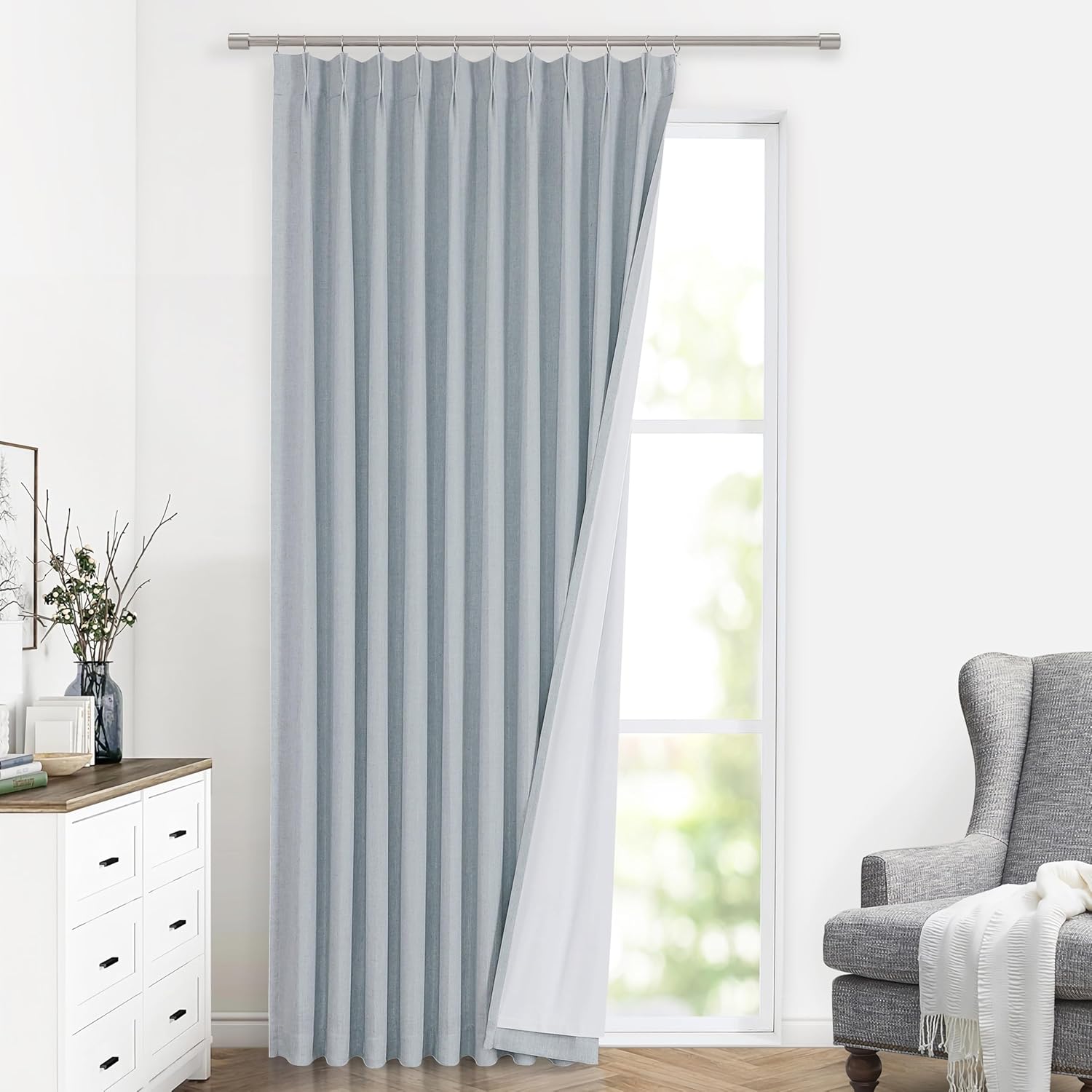 Vision Home Natural Pinch Pleated Full Blackout Curtains Linen Blended Room Darkening Window Curtains 90 inch for Living Room Bedroom Thermal Insulated Pinch Pleat Drapes with Hooks 2 Panel 40"Wx90"L