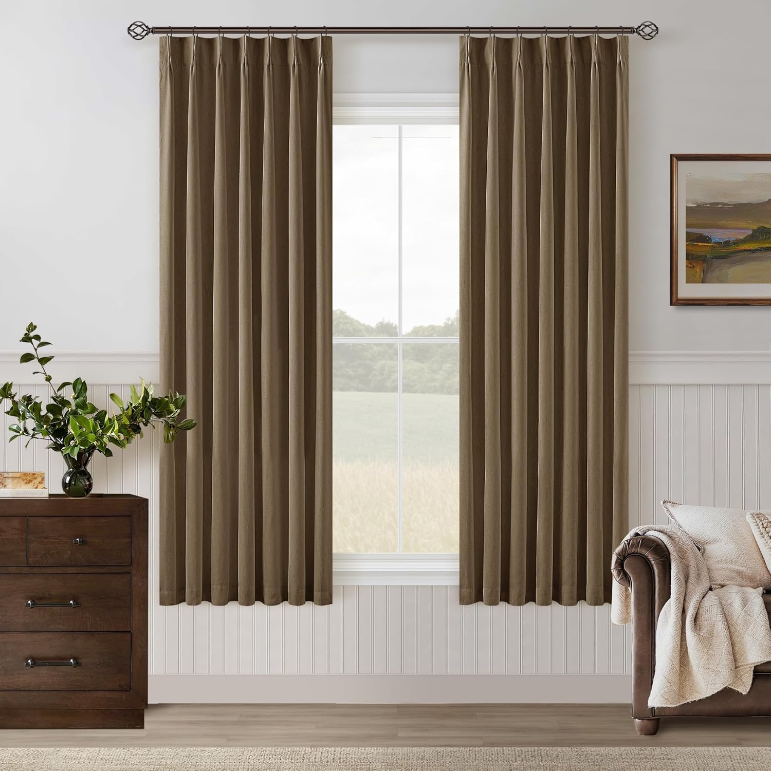 102 Inches Long Pinch Pleated Linen Blackout Curtains for Bedroom Back Tab Track Memory Trained Shape Farmhouse Light Blocking Curtains 102 Inch Length for Living Dining Room Darkening Drapes Cream