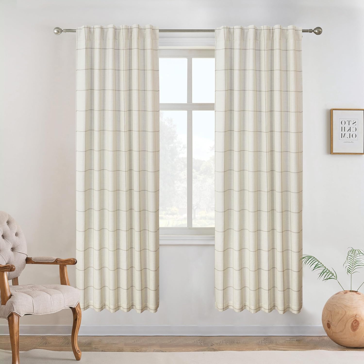 DriftAway 2 Panels 100% Blackout Windowpane Plaid Linen Curtains Double Layer Drapes for Bedroom 84 Inches Long Farmhouse Thermal Insulated 3.25 Inch Rod Pocket Back Tab for Living Room Taupe