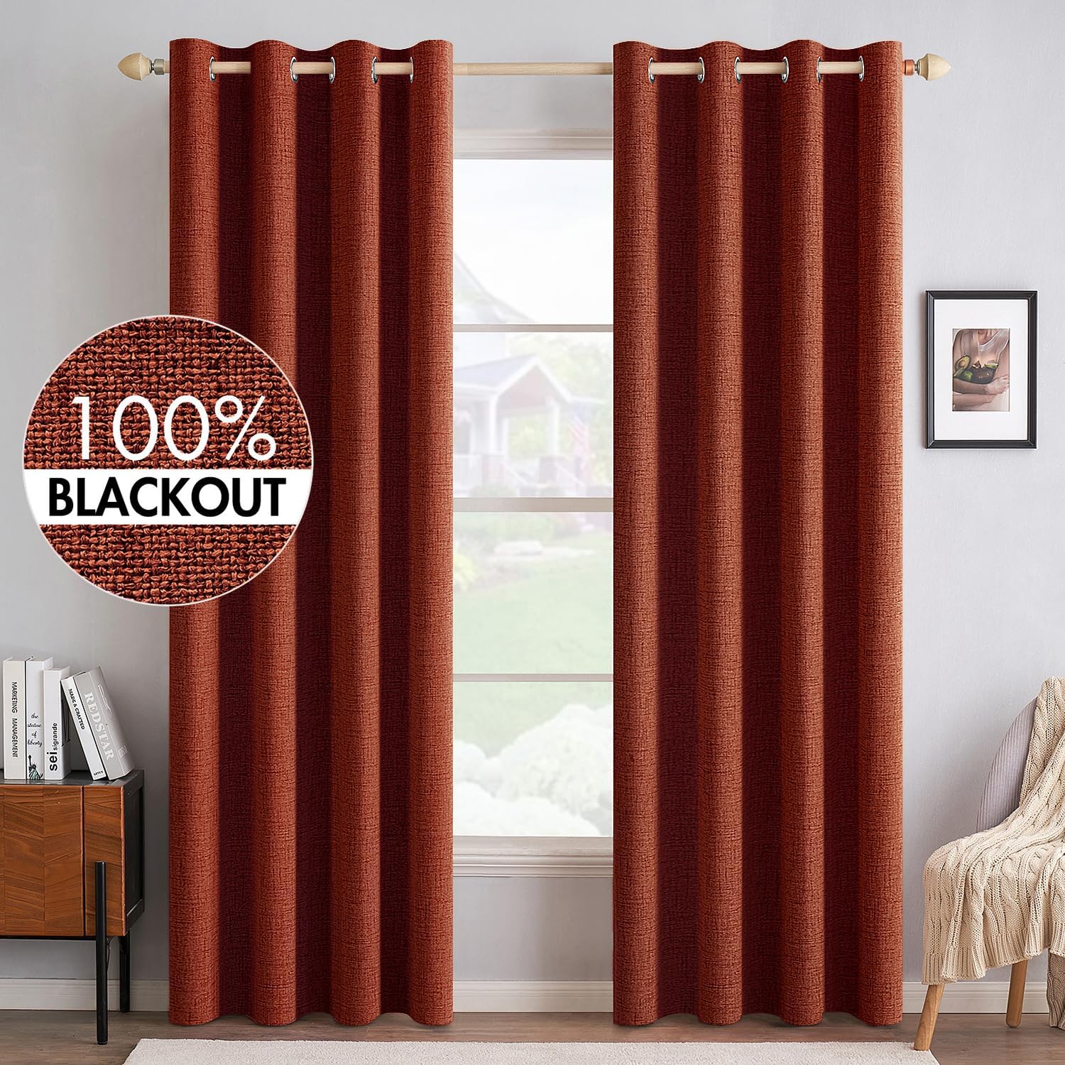 MIULEE 100% Blackout Linen Textured Curtains for Bedroom Solid Thermal Insulated Copper Brown Grommet Room Darkening Curtains & Drapes Luxury Decor for Living Room Nursery 52 x 84 Inch (2 Panels)