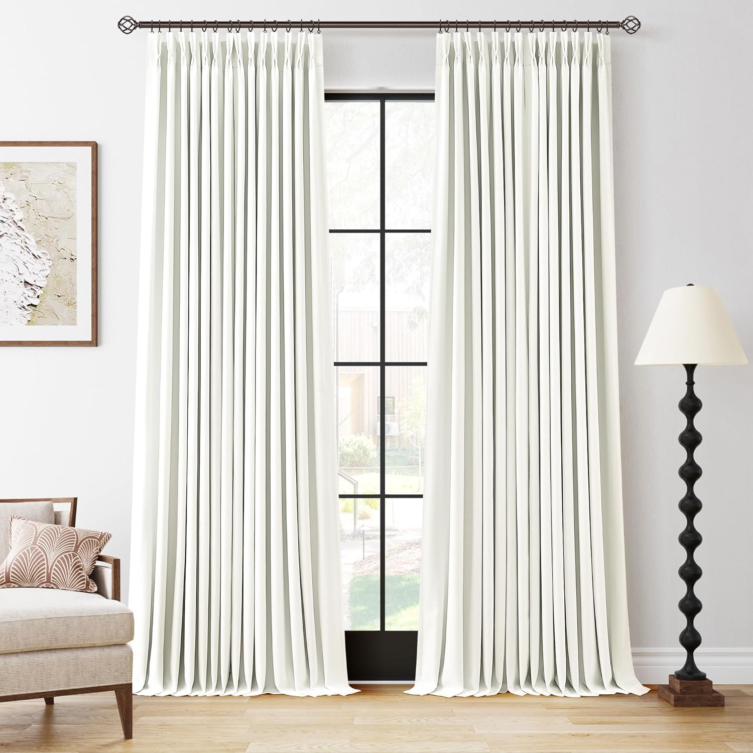 100% Blackout Pinch Pleated Curtains Linen 90 Inches Long for Bedroom 2 Panels Set Full Black Out Thermal Insulated Curtain Natural Boho Farmhouse Pinch Pleat Double Layer Room Darkening Drapes Cream