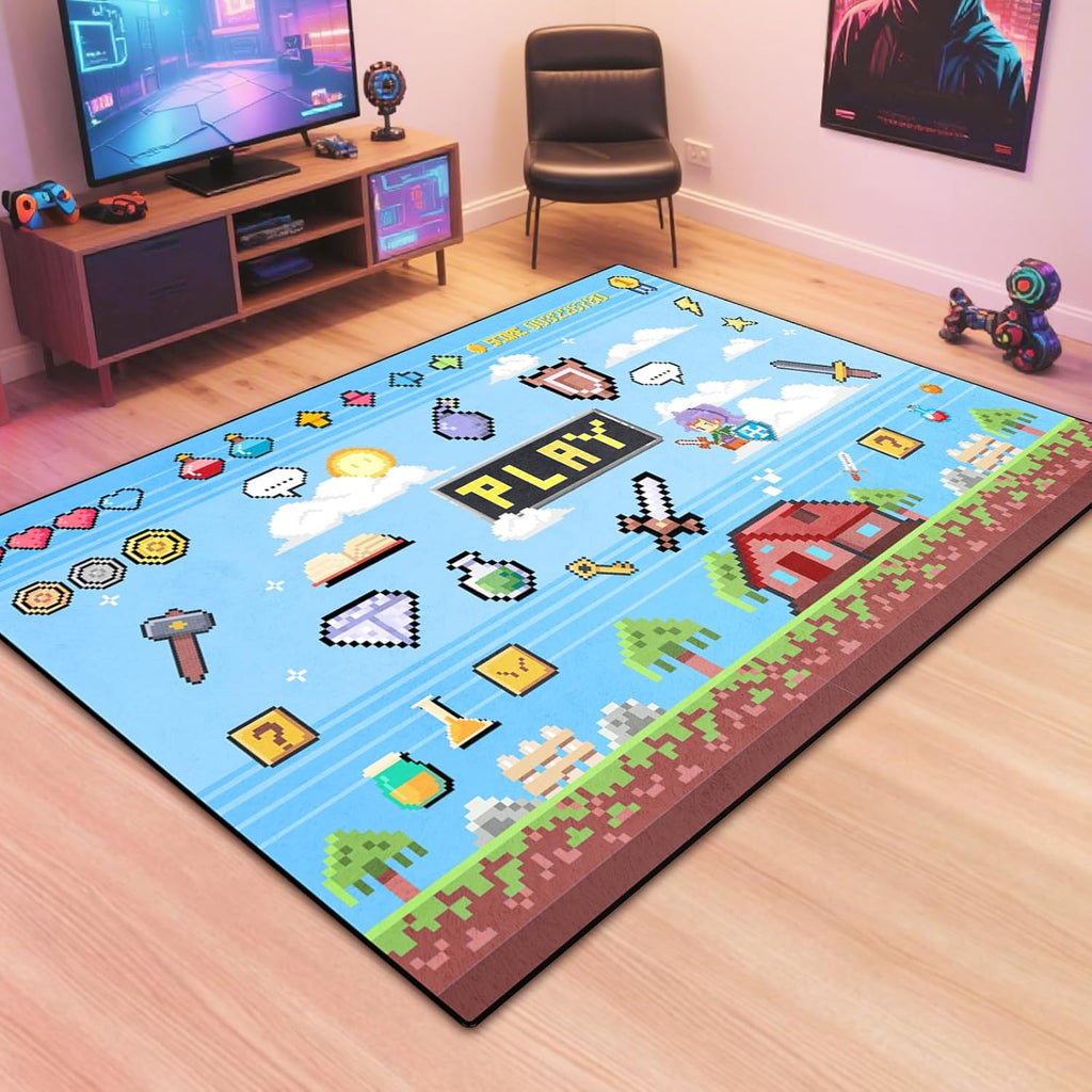 Block Game Rug Teen Kids Carpet, Pixel Games Scene Decoration Mat, Washable Cube Block Game Rugs for Boy’s Bedroom Living Room Playroom, Non-Slip Children Gaming Area Rugs (Green Village, 79" x 59")