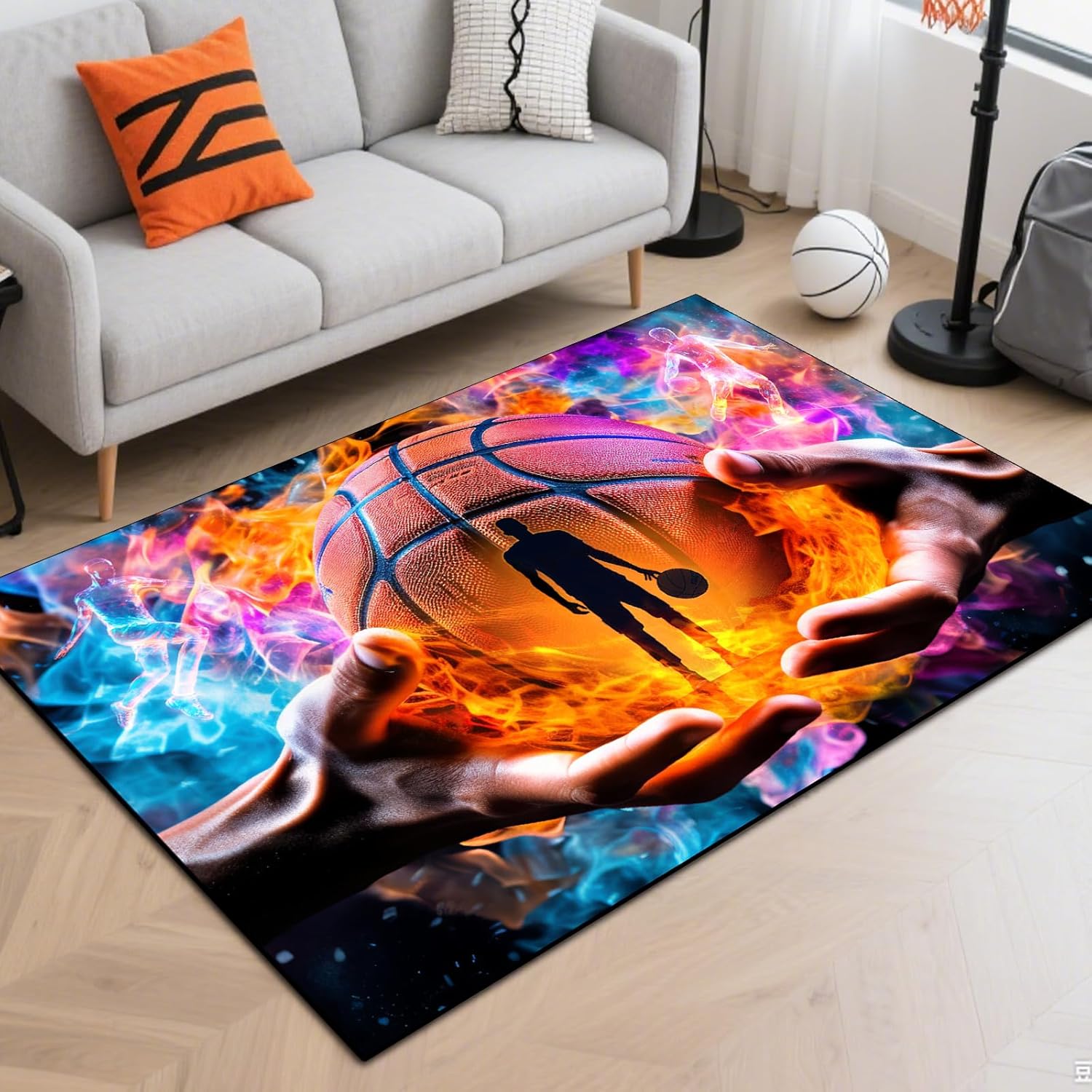 Washable Game Area Rug, Sports Ball Design Gaming Teen Carpet Rug Doormat, Non-Slip Low-Pile Floor Carpet for Computer Bedroom Indoor Front Entrance Living Room Office (Basketball 1, 79" x 59")