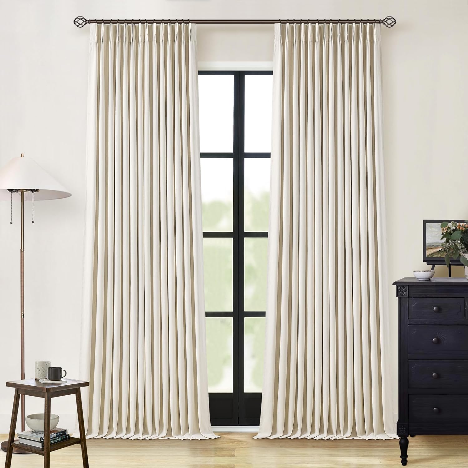 102 Inches Long Pinch Pleated Linen Blackout Curtains for Bedroom Back Tab Track Memory Trained Shape Farmhouse Light Blocking Curtains 102 Inch Length for Living Dining Room Darkening Drapes Cream