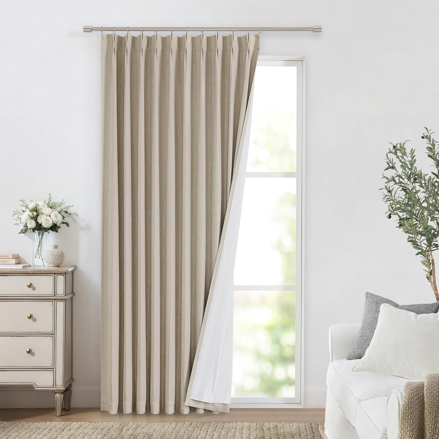 Vision Home Natural Pinch Pleated Full Blackout Curtains Linen Blended Room Darkening Window Curtains 90 inch for Living Room Bedroom Thermal Insulated Pinch Pleat Drapes with Hooks 2 Panel 40"Wx90"L