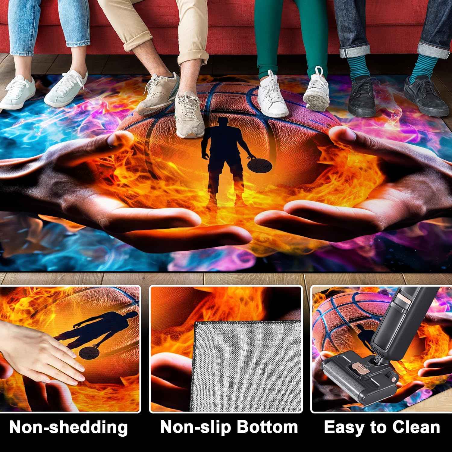 Washable Game Area Rug, Sports Ball Design Gaming Teen Carpet Rug Doormat, Non-Slip Low-Pile Floor Carpet for Computer Bedroom Indoor Front Entrance Living Room Office (Basketball 1, 79" x 59")