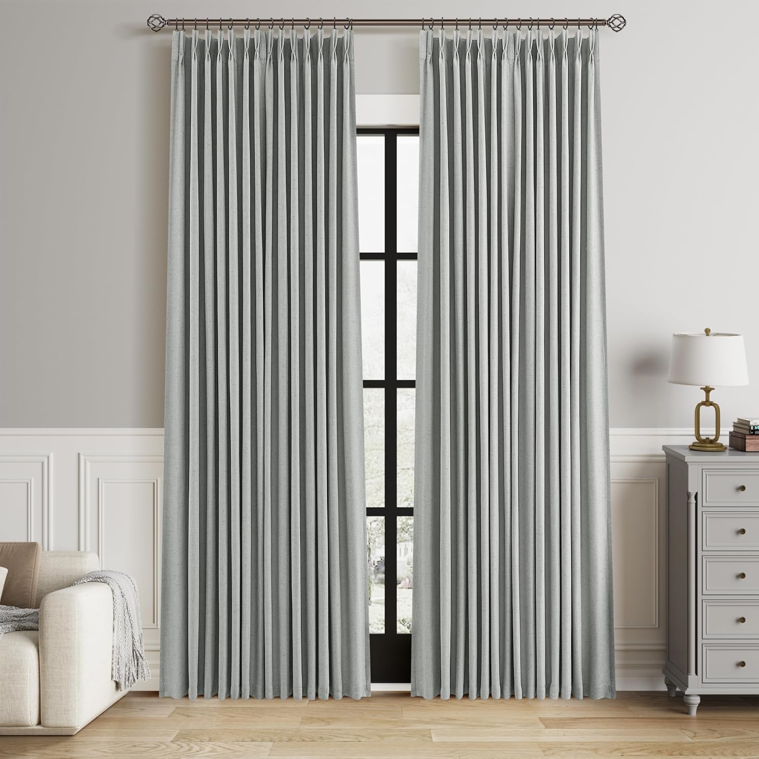 100% Blackout Pinch Pleated Curtains Linen 90 Inches Long for Bedroom 2 Panels Set Full Black Out Thermal Insulated Curtain Natural Boho Farmhouse Pinch Pleat Double Layer Room Darkening Drapes Cream