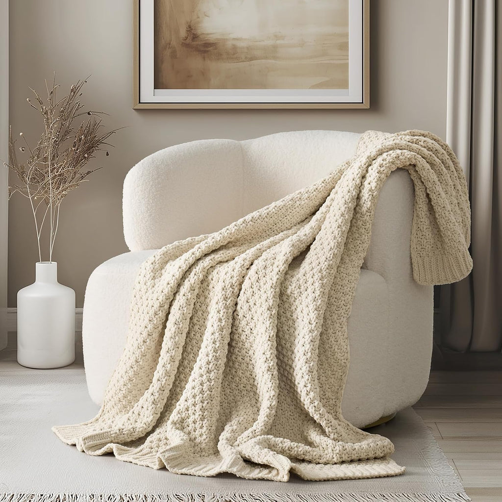 EVERGRACEHOME Chunky Chenille Knit Throw Blanket for Couch, Soft Luxurious Moss Stitch Blankets for Bed, Cozy Decorative Farmhouse Knitted Throws for Sofa, Olive Green, 50" x 60"