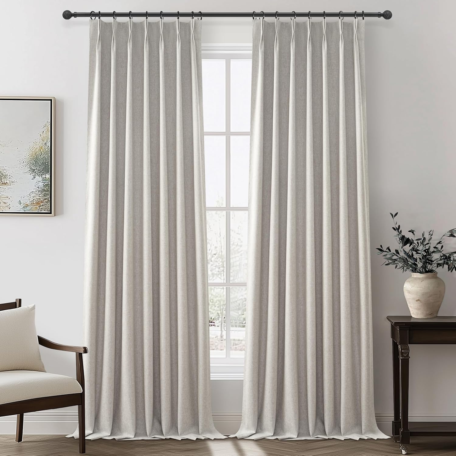 Black Out 96 Inch Long Boho Curtains 2 Panel Set, Farmhouse Curtains for Living Room Darkening/Thermal/Noise Reduction Textured Flax Linen Drape 8ft Hook&Ring Included Birch Off White 50"x96"