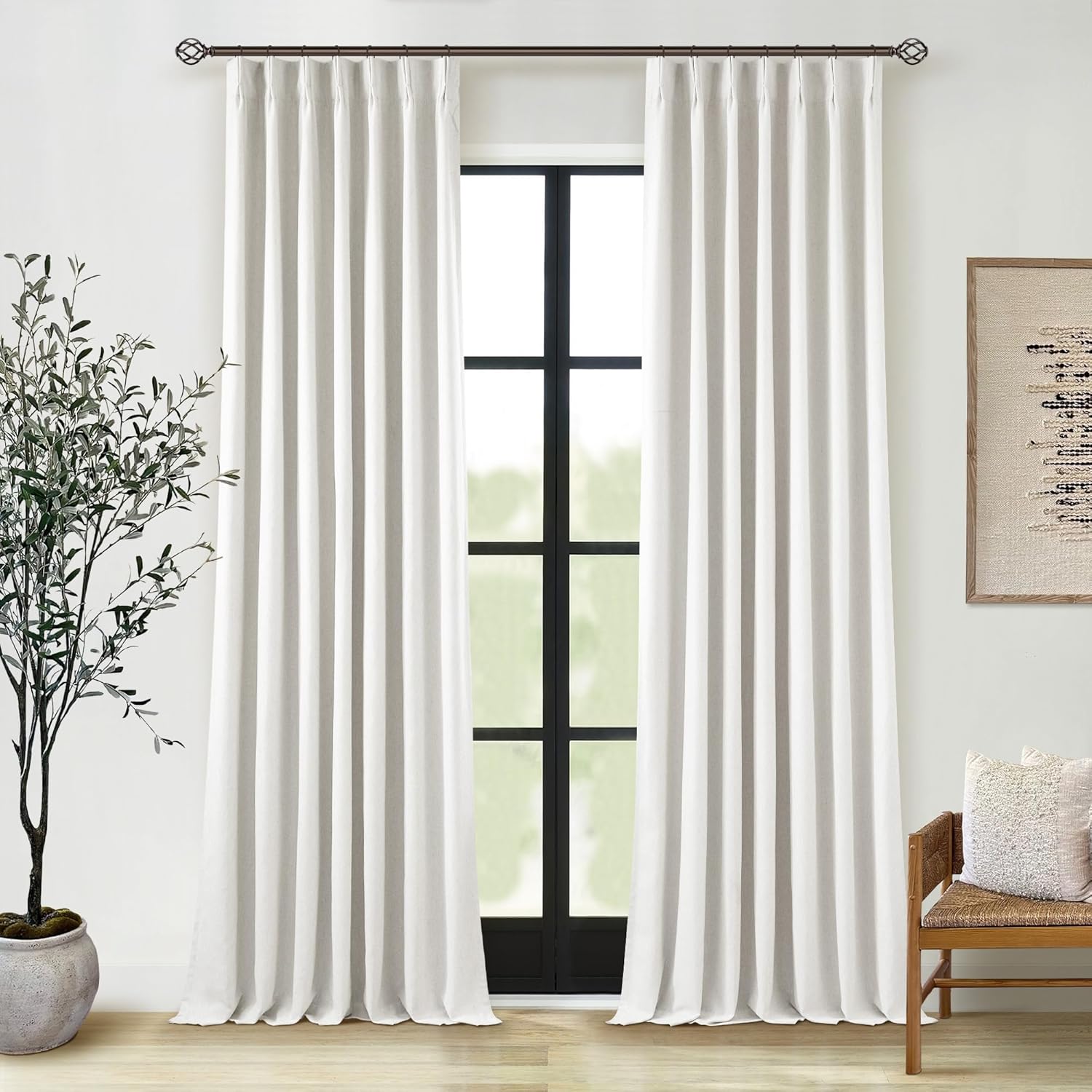 102 Inches Long Pinch Pleated Linen Blackout Curtains for Bedroom Back Tab Track Memory Trained Shape Farmhouse Light Blocking Curtains 102 Inch Length for Living Dining Room Darkening Drapes Cream