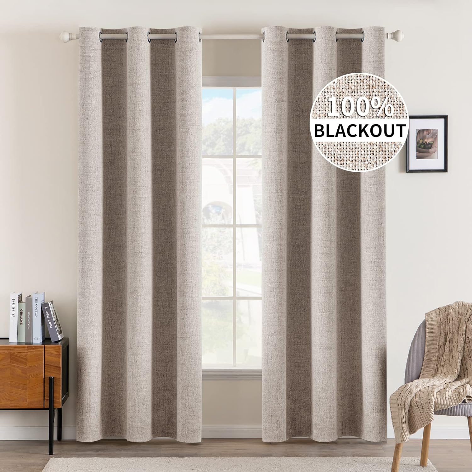MIULEE 100% Blackout Linen Textured Curtains for Bedroom Solid Thermal Insulated Copper Brown Grommet Room Darkening Curtains & Drapes Luxury Decor for Living Room Nursery 52 x 84 Inch (2 Panels)