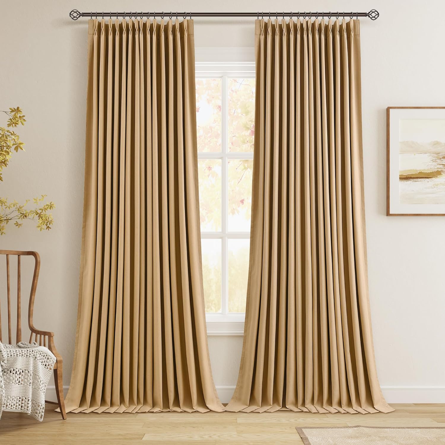 100% Blackout Pinch Pleated Curtains Linen 90 Inches Long for Bedroom 2 Panels Set Full Black Out Thermal Insulated Curtain Natural Boho Farmhouse Pinch Pleat Double Layer Room Darkening Drapes Cream