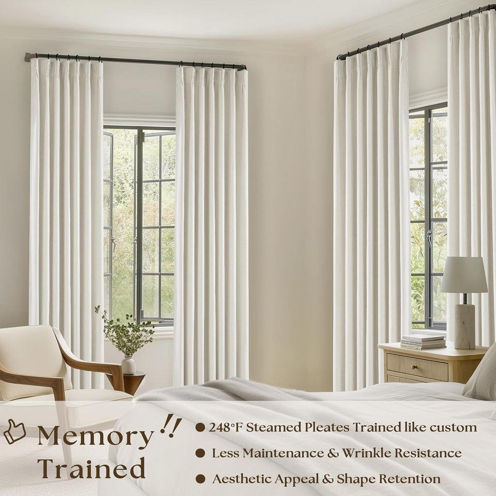 102 Inches Long Pinch Pleated Linen Blackout Curtains for Bedroom Back Tab Track Memory Trained Shape Farmhouse Light Blocking Curtains 102 Inch Length for Living Dining Room Darkening Drapes Cream