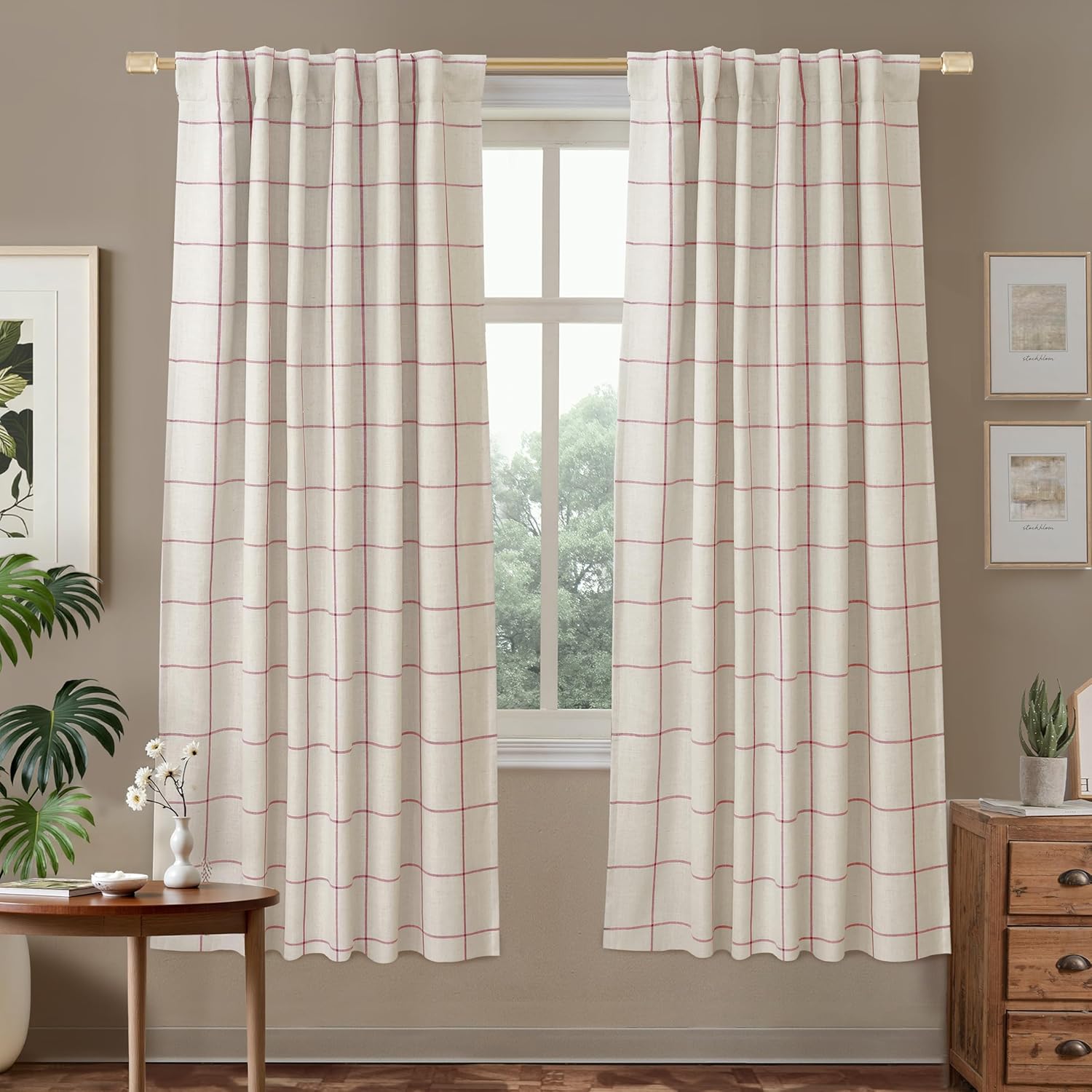 DriftAway 2 Panels 100% Blackout Windowpane Plaid Linen Curtains Double Layer Drapes for Bedroom 84 Inches Long Farmhouse Thermal Insulated 3.25 Inch Rod Pocket Back Tab for Living Room Taupe