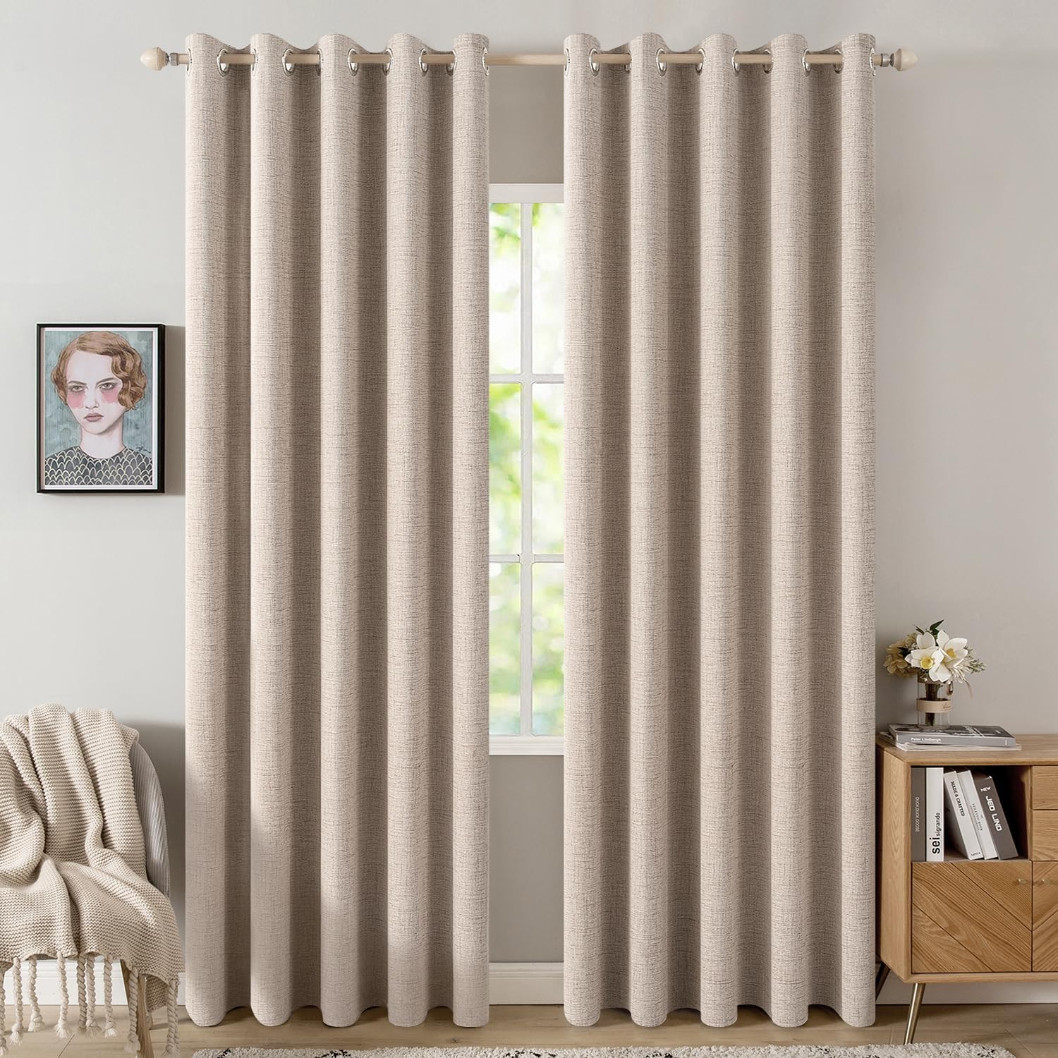 MIULEE 100% Blackout Linen Textured Curtains for Bedroom Solid Thermal Insulated Copper Brown Grommet Room Darkening Curtains & Drapes Luxury Decor for Living Room Nursery 52 x 84 Inch (2 Panels)