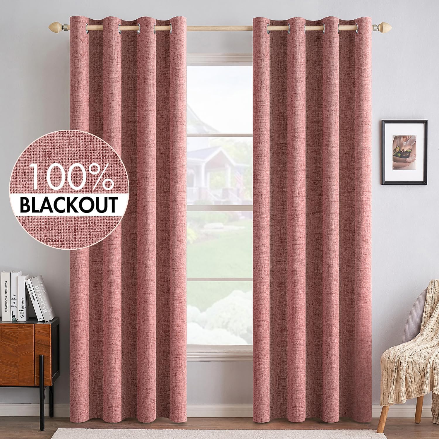 MIULEE 100% Blackout Linen Textured Curtains for Bedroom Solid Thermal Insulated Copper Brown Grommet Room Darkening Curtains & Drapes Luxury Decor for Living Room Nursery 52 x 84 Inch (2 Panels)