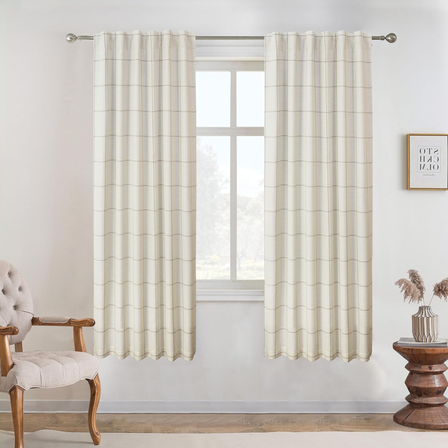 DriftAway 2 Panels 100% Blackout Windowpane Plaid Linen Curtains Double Layer Drapes for Bedroom 84 Inches Long Farmhouse Thermal Insulated 3.25 Inch Rod Pocket Back Tab for Living Room Taupe