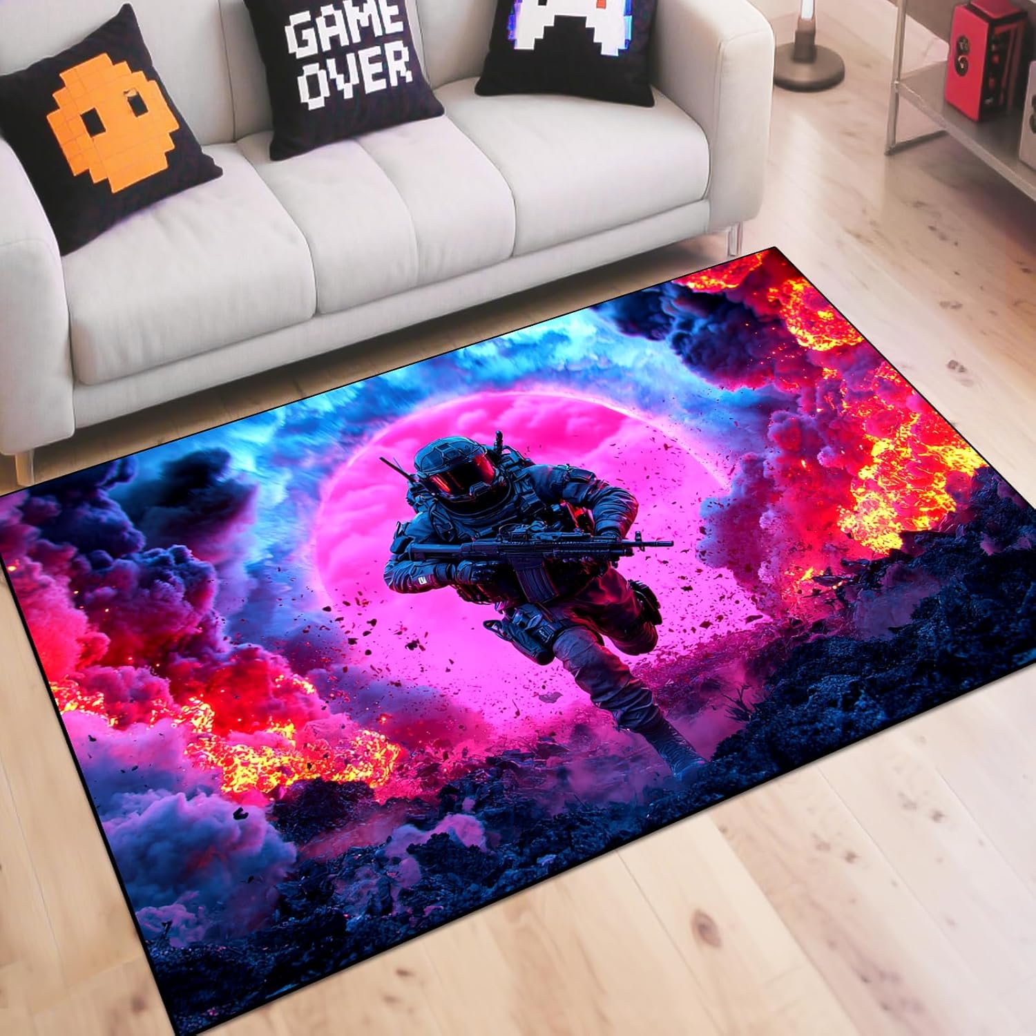 Shooting Gaming Area Rug Teen Boys Carpet, Battle Game Rug and Colorful Bomb Background War Design for Game Room, Gaming Room, Boys Girls Bedroom Playroom, Living Room (Running, 79" x 59")