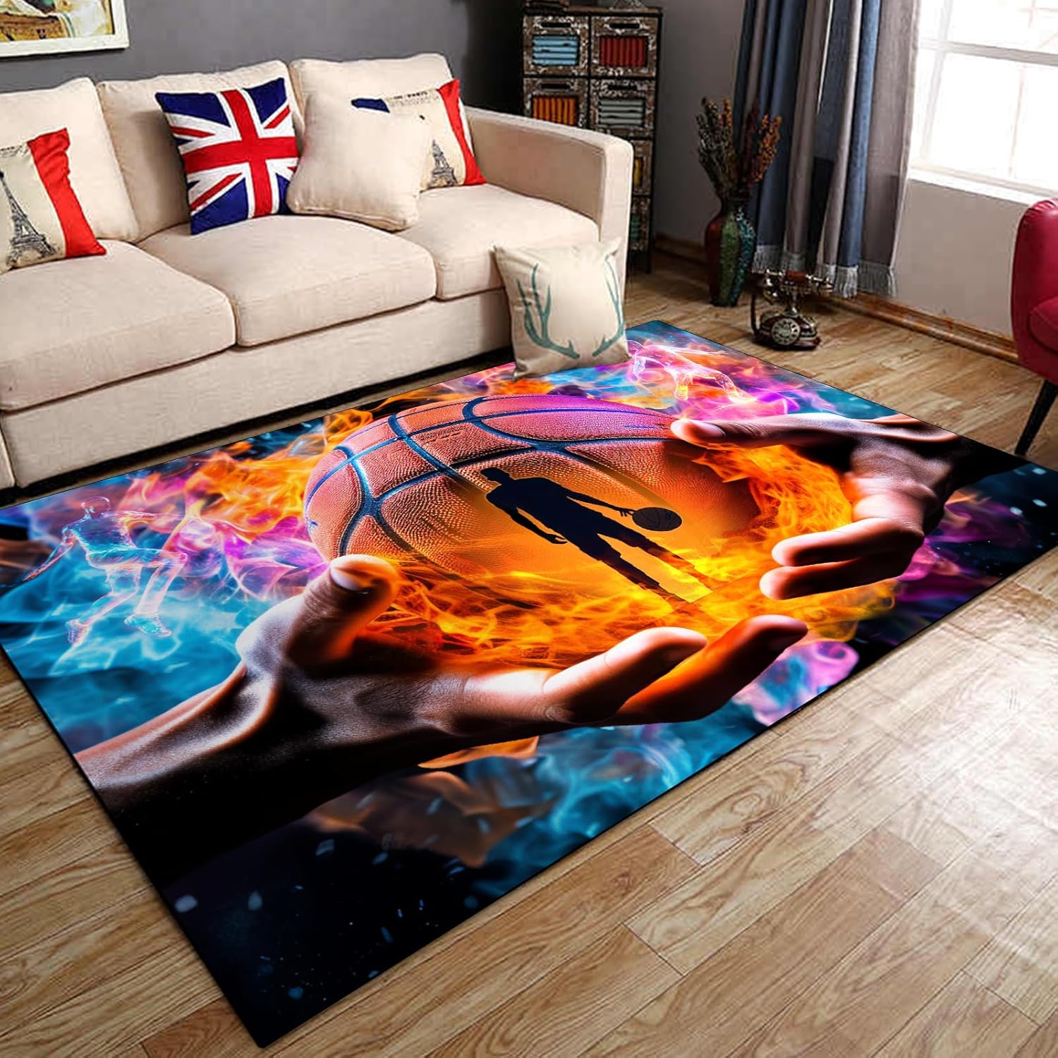 Washable Game Area Rug, Sports Ball Design Gaming Teen Carpet Rug Doormat, Non-Slip Low-Pile Floor Carpet for Computer Bedroom Indoor Front Entrance Living Room Office (Basketball 1, 79" x 59")