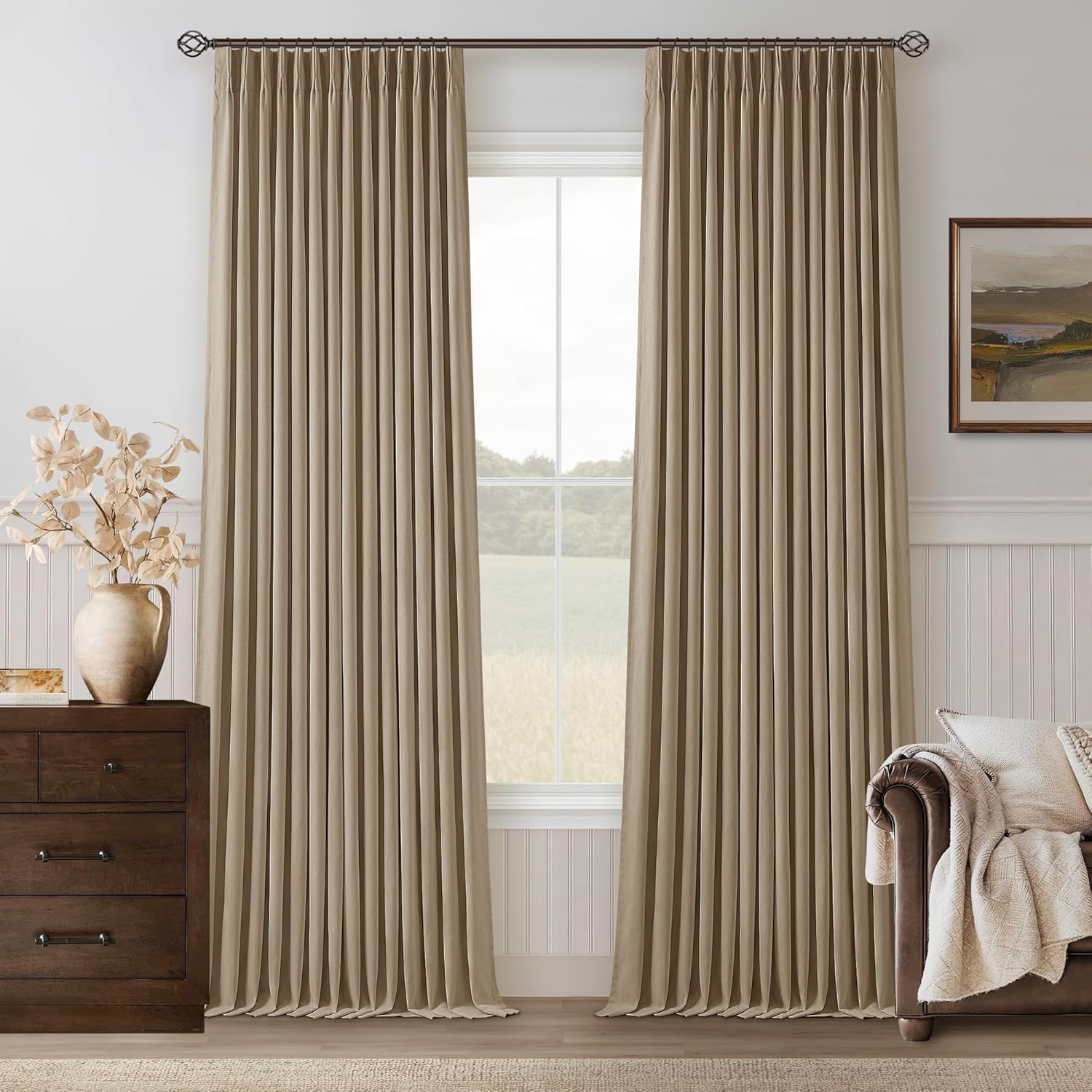 102 Inches Long Pinch Pleated Linen Blackout Curtains for Bedroom Back Tab Track Memory Trained Shape Farmhouse Light Blocking Curtains 102 Inch Length for Living Dining Room Darkening Drapes Cream