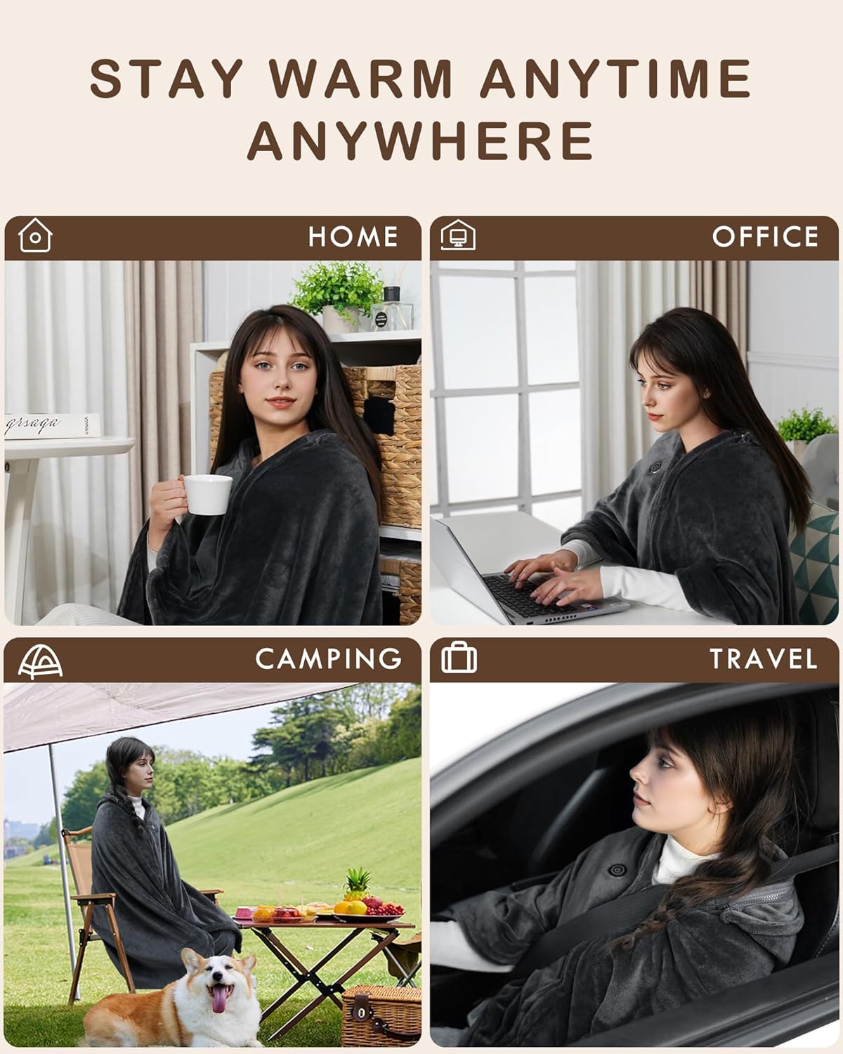 Cordless Heated Blanket, Cozy Portable Heated Blanket Battery Operated w/Hoodie, 3 Temp, 20000 mAh, Camping Wearable Heating Blanket for Car, Heated Throw Cordless