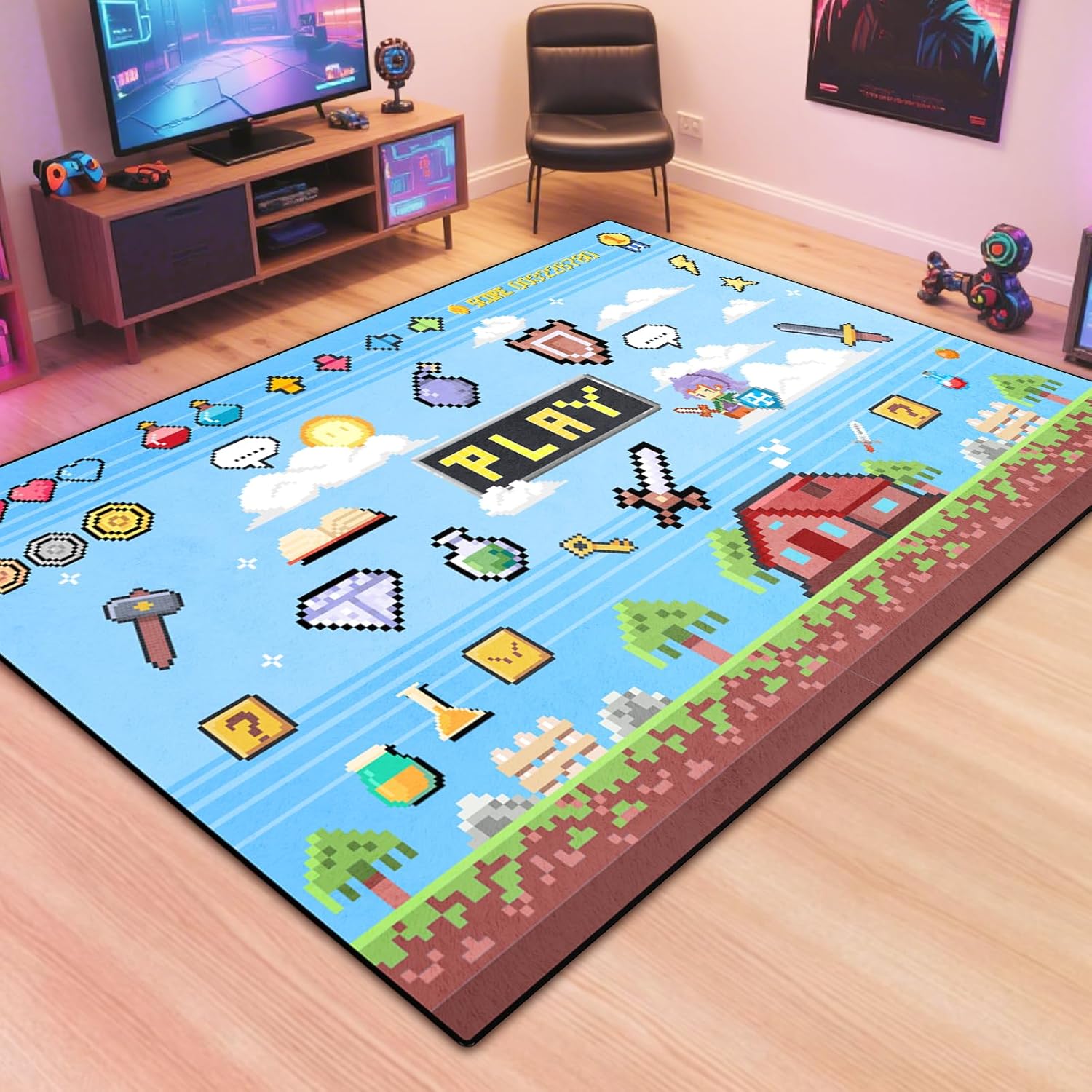 Block Game Rug Teen Kids Carpet, Pixel Games Scene Decoration Mat, Washable Cube Block Game Rugs for Boy’s Bedroom Living Room Playroom, Non-Slip Children Gaming Area Rugs (Green Village, 79" x 59")