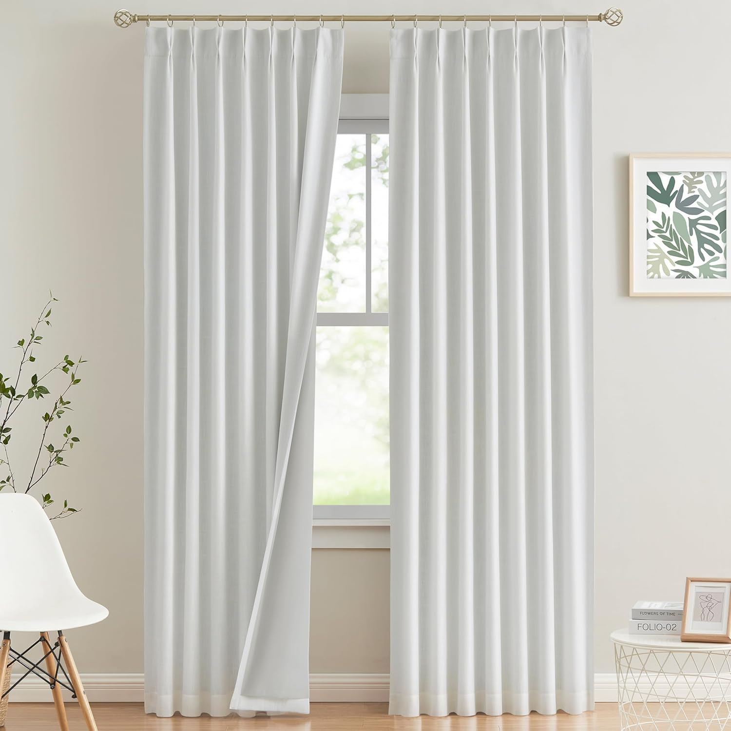 Vision Home Natural Pinch Pleated Full Blackout Curtains Linen Blended Room Darkening Window Curtains 90 inch for Living Room Bedroom Thermal Insulated Pinch Pleat Drapes with Hooks 2 Panel 40"Wx90"L