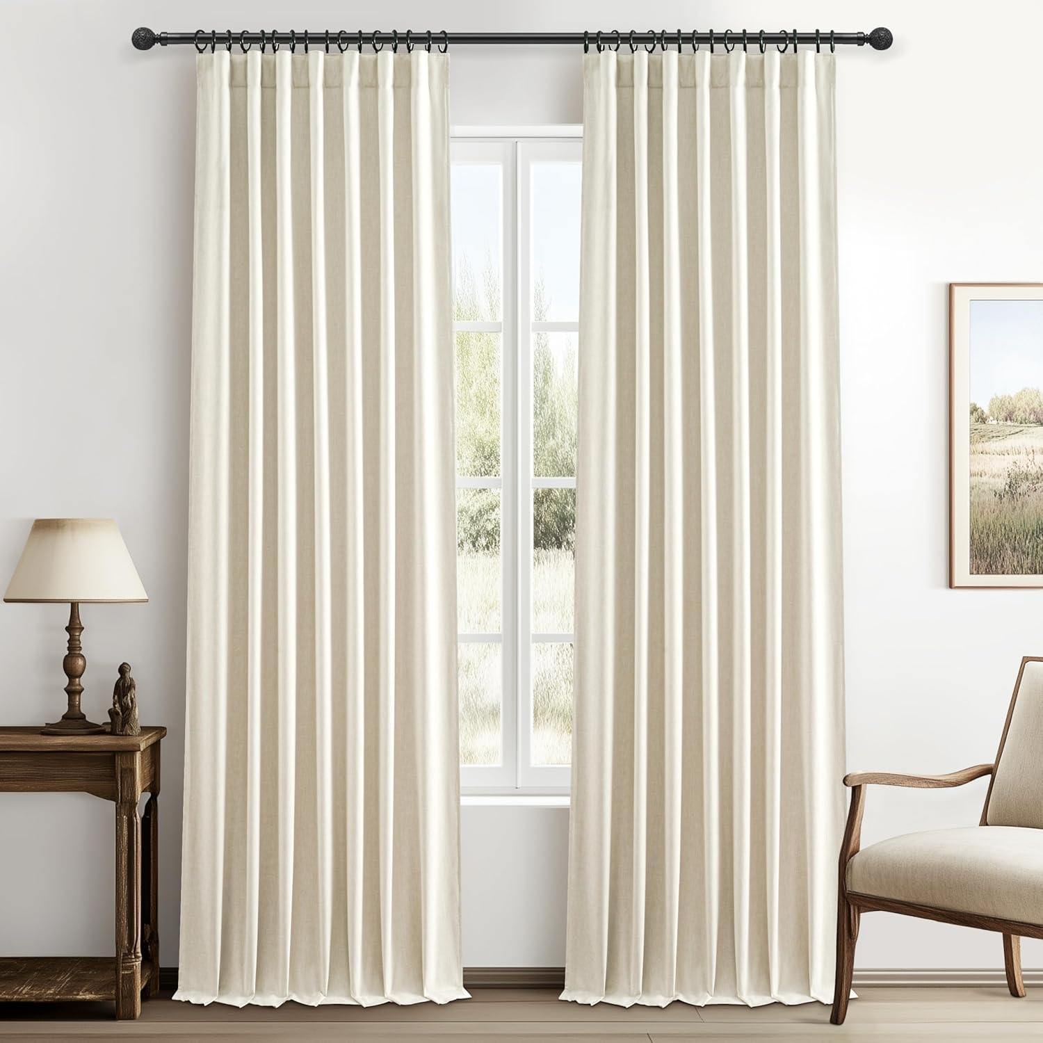 Black Out 96 Inch Long Boho Curtains 2 Panel Set, Farmhouse Curtains for Living Room Darkening/Thermal/Noise Reduction Textured Flax Linen Drape 8ft Hook&Ring Included Birch Off White 50"x96"
