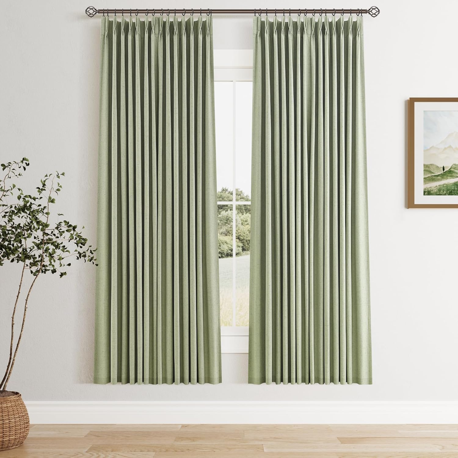 100% Blackout Pinch Pleated Curtains Linen 90 Inches Long for Bedroom 2 Panels Set Full Black Out Thermal Insulated Curtain Natural Boho Farmhouse Pinch Pleat Double Layer Room Darkening Drapes Cream